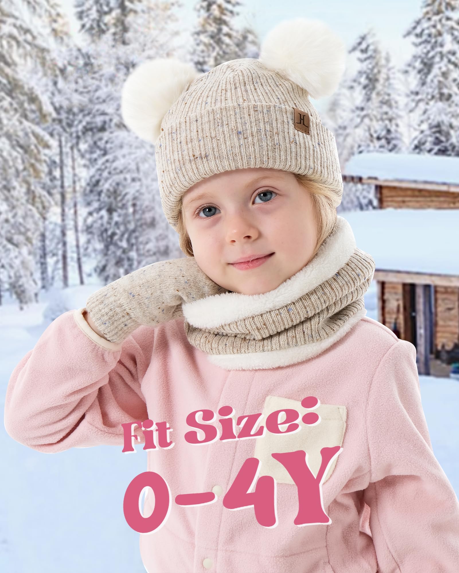 Enfants Bébés Hiver Bonnet Gants Tactiles Écharpe Ensemble Bonnet Pompon Moufles Cache-Cou avec Doublure Polaire pour 0-8 Ans Fille Garçon