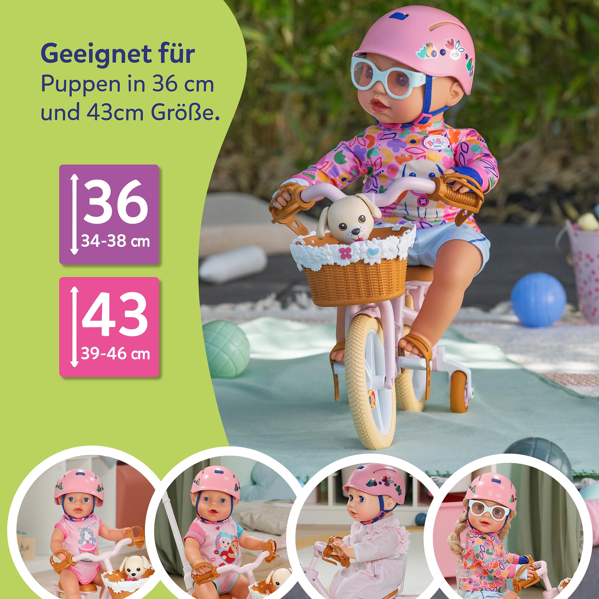 BABY born Fahrrad mit Lucky, Puppenfahrrad mit Korb, Lenkstange und Stickern