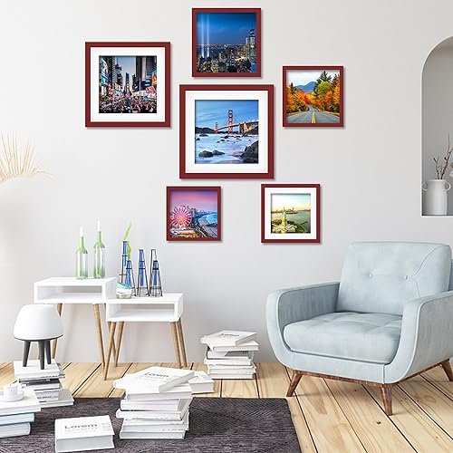 Vista 7 de Marco de fotos de madera de 9 x 9 pulgadas para colgar en la pared o en la mesa, marcos de fotos cuadrados con 1 paspartú de 7 x 7 pulgadas