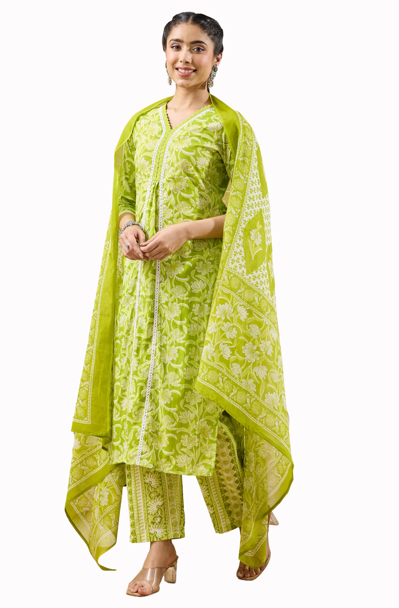 janasya Women's Lime Green Pure Cotton Floral Printed Straight Kurta Pant With Dupatta Set-picture-33