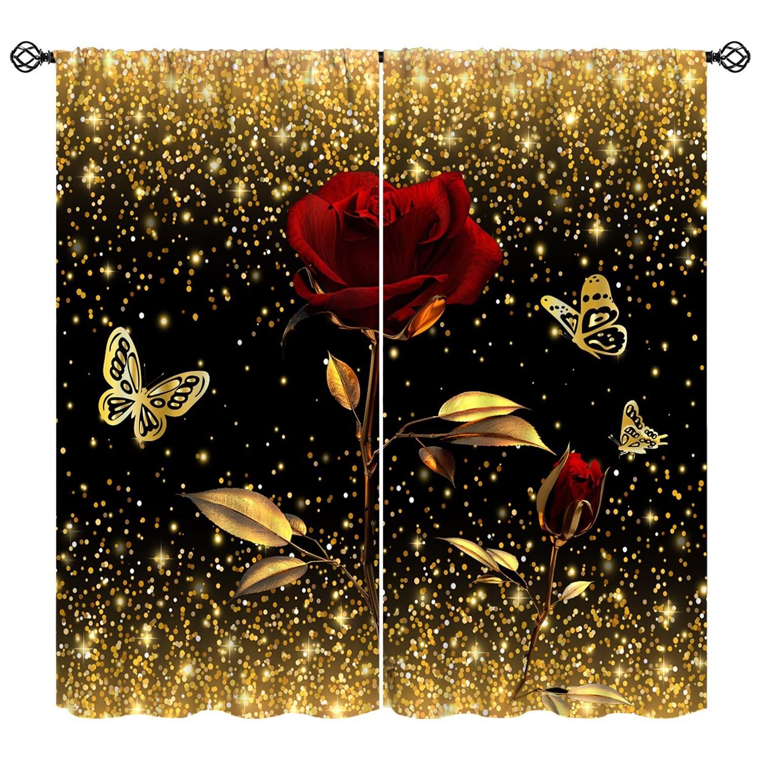 Moderw Gold Rose Curtain Gold Stars Sparks Butterfly Window Treatment for Bedroom Romantic Rose Flower Blackout Drapes for Woman Living Room Kitchen W42xL54in