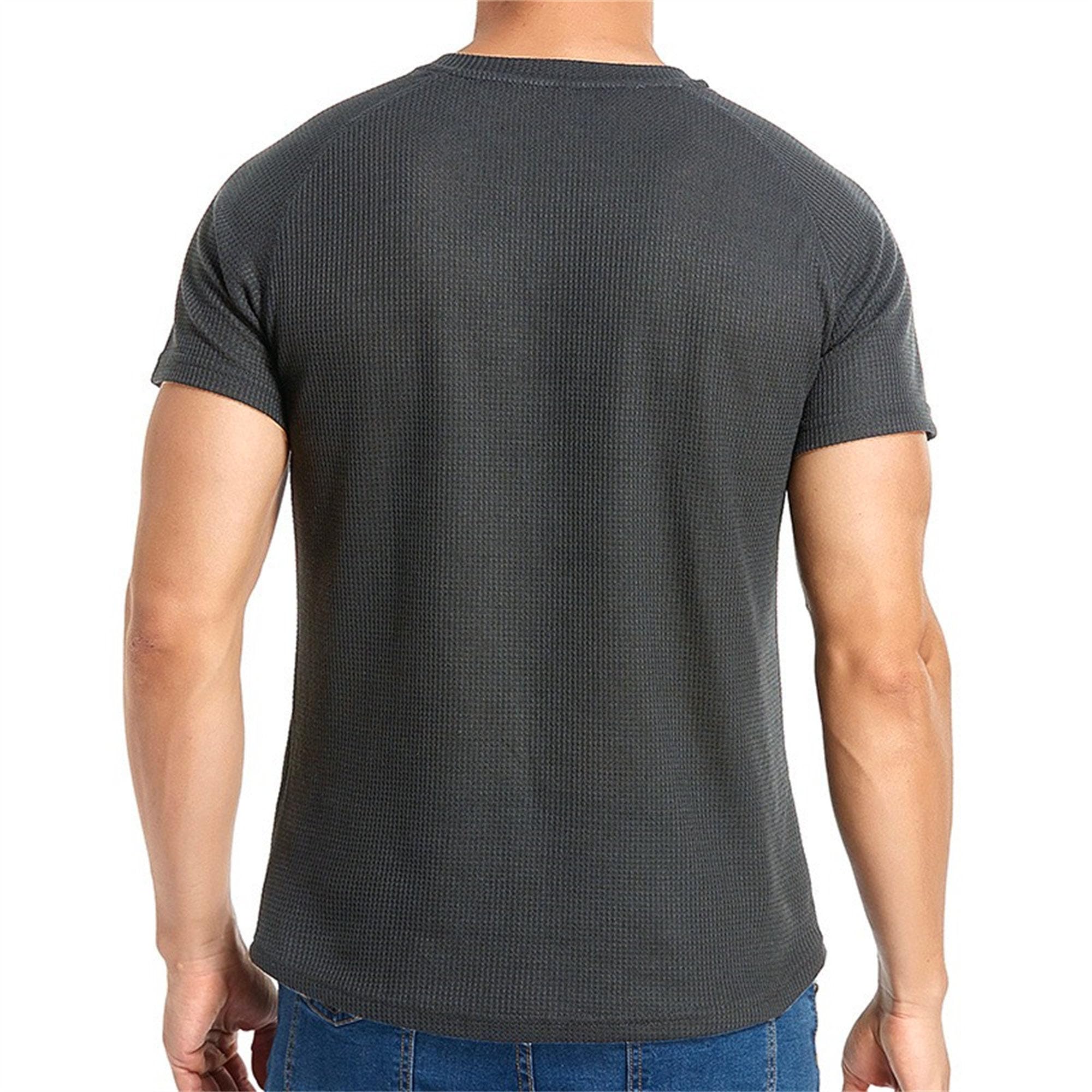 Men Round Neck Short Sleeve Henry Shirt Quarter Button Waffle T Shirt Summer Classic Solid Comfortable Pullover (Grey,Small)
