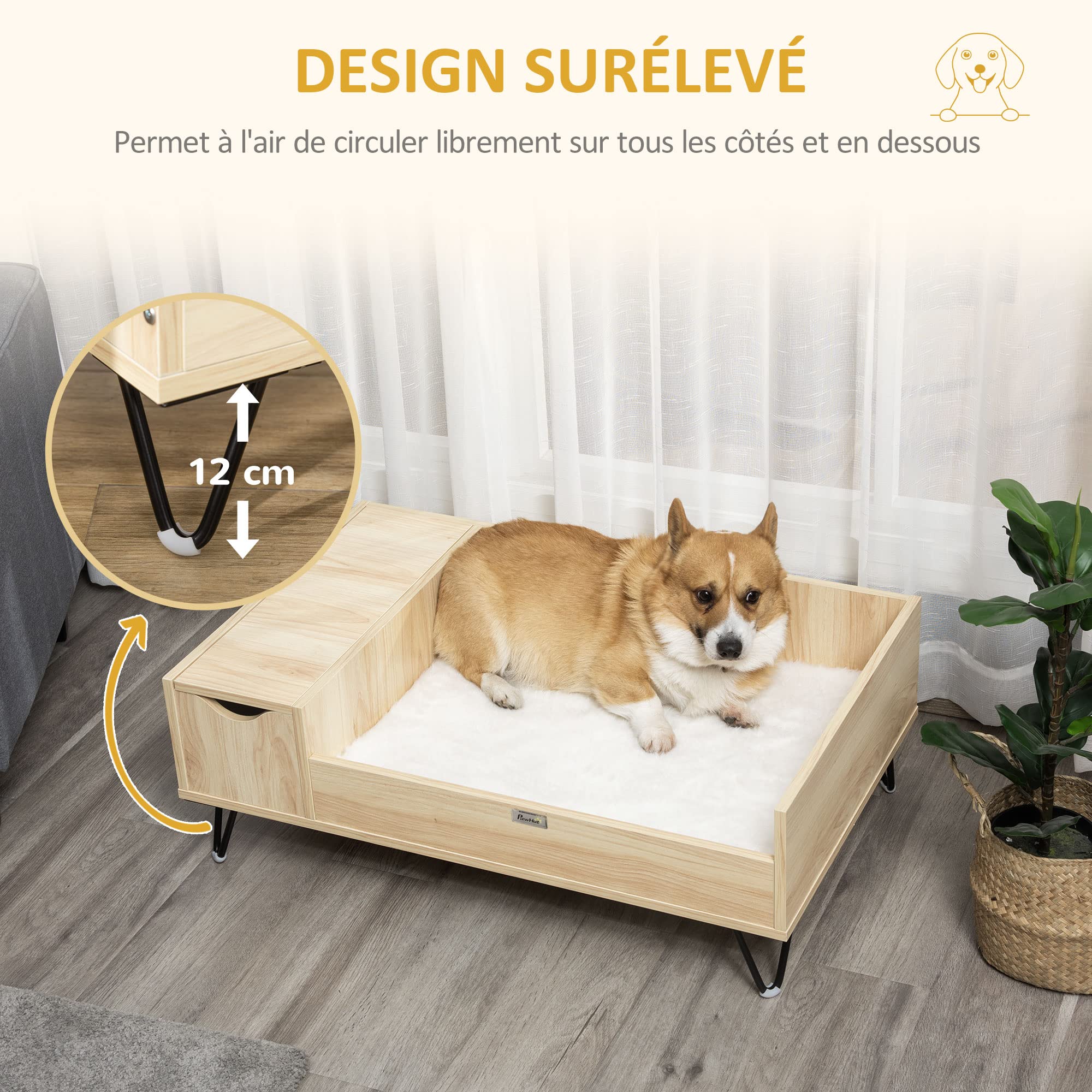 PawHut Canapé lit Panier surélevé pour Chien et Chat avec Coussin Moelleux et Rangement Housse Lavable, Pieds en Acier Aspect Bois Clair