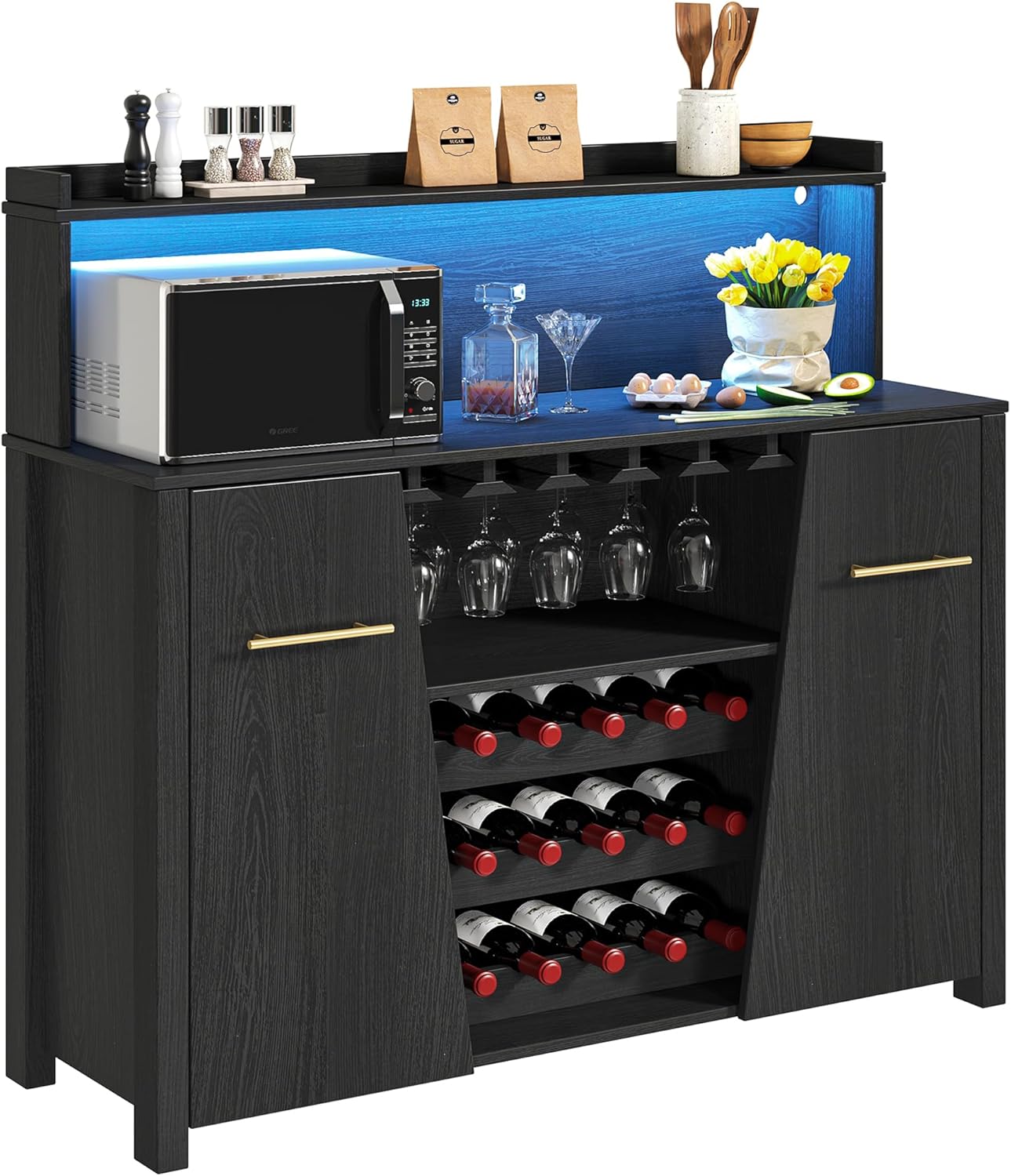 DWVO Bar Cabinet with LED Lights, 47” Sideboard Buffet Coffee Bar Cabinet with Wine Rack and Glass Holder, Liquor Cabinet with Adjustable Shelf for Living Room, Kitchen, Dining Room, Black