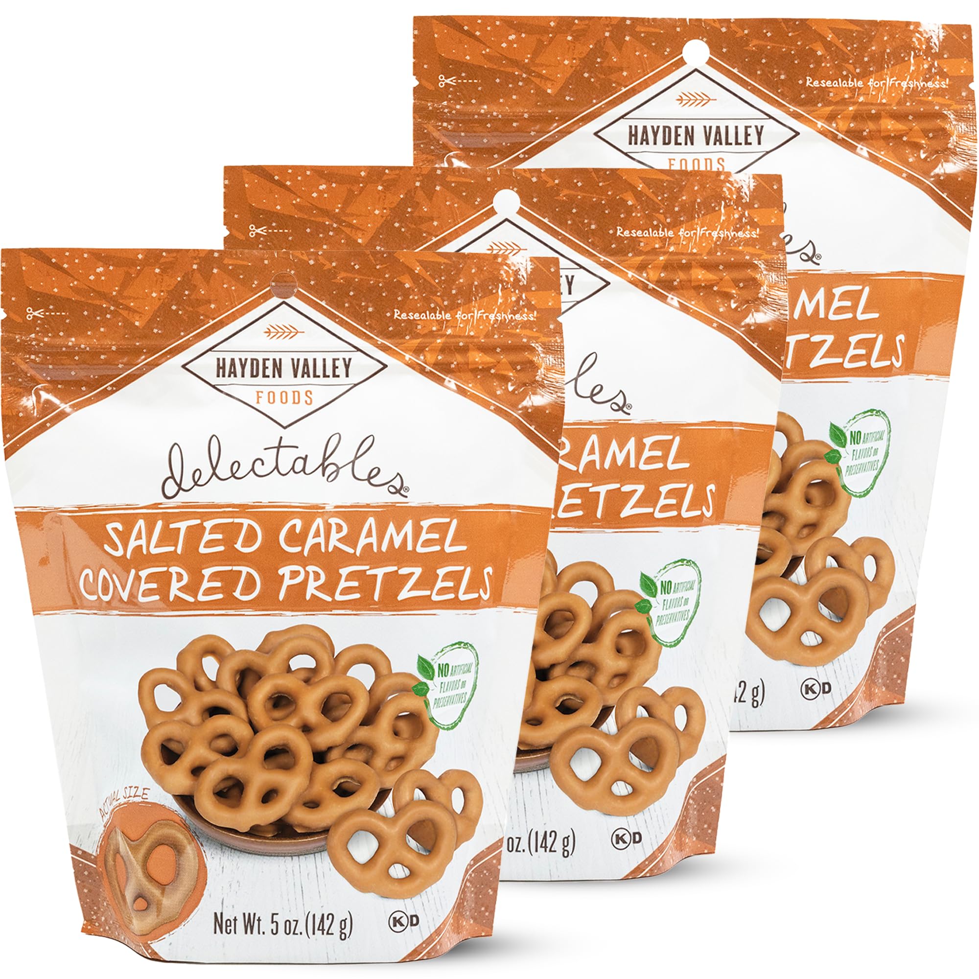 Hayden Valley Foods Salted Caramel Flavored Covered Pretzels | 5 oz Bags (Pack of 3) | No Artificial Flavors, Preservatives or Colors | Gourmet Bulk Holiday Snacks