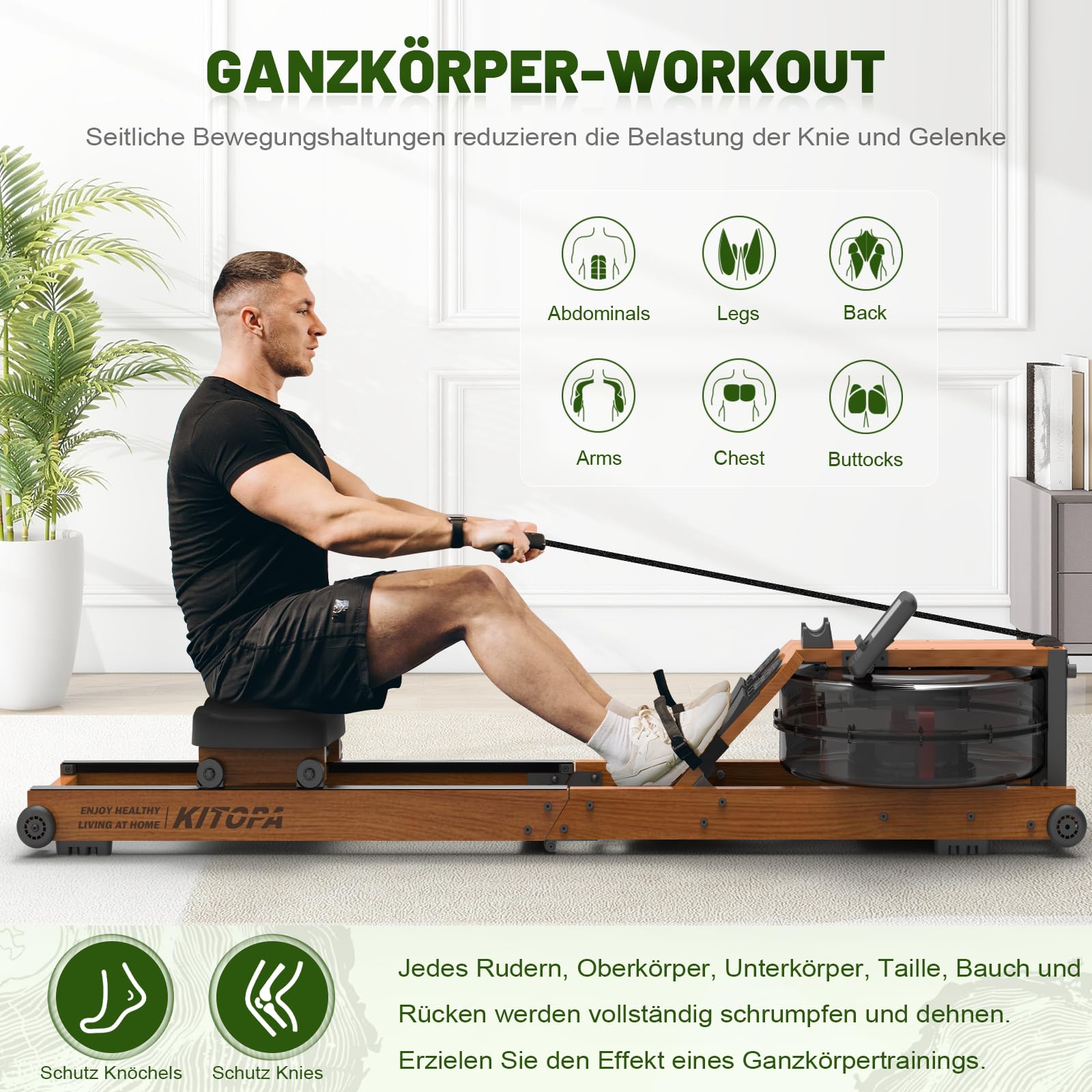 Kitopa Wasser Rudergerät Holz, Rudergerät für Zuhause klappbar mit 30 Tage Kinomap Mitgliedschaft, Max Benutzerhöhe 2m/160kg, Rudergeräte Wasser mit Bluetooth Display & Verstellbarer Handy-Halter