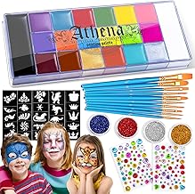 Axinyijia Kids Makeup Kit 10/15/20 Colors Halloween Body Paint Carnival Face Palette Girl Makeup Palette with Sequins, Stencil, Makeup Sponge Brushes (20 Colors)