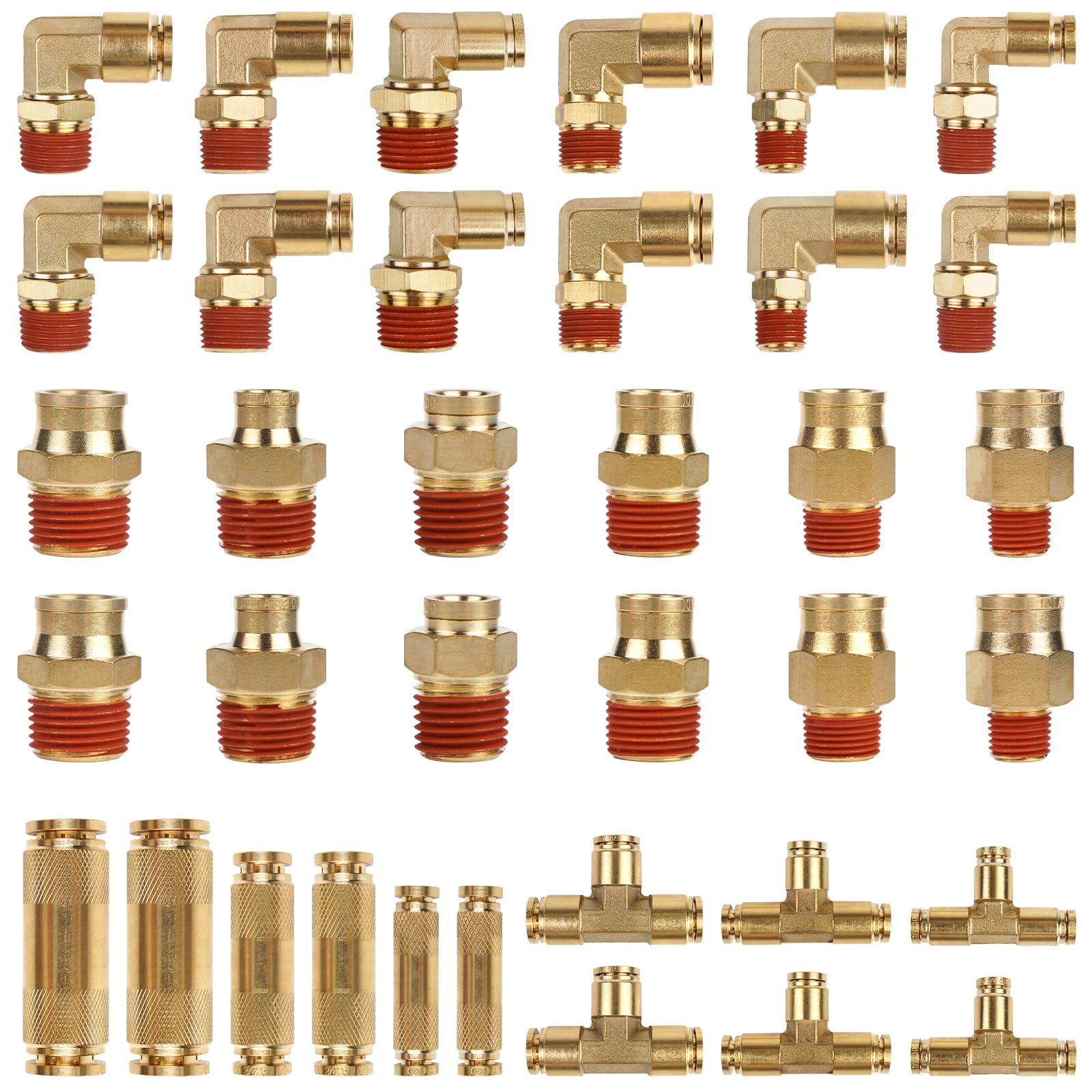 36 PCS Brass DOT Air Brake Line Fitting Assortment Kit 1/4" 3/8" 1/2" Push to Connect Repair Fittings Kit,Union/Tee/Elbow/Straight Air Brake Assortment Kit with Case