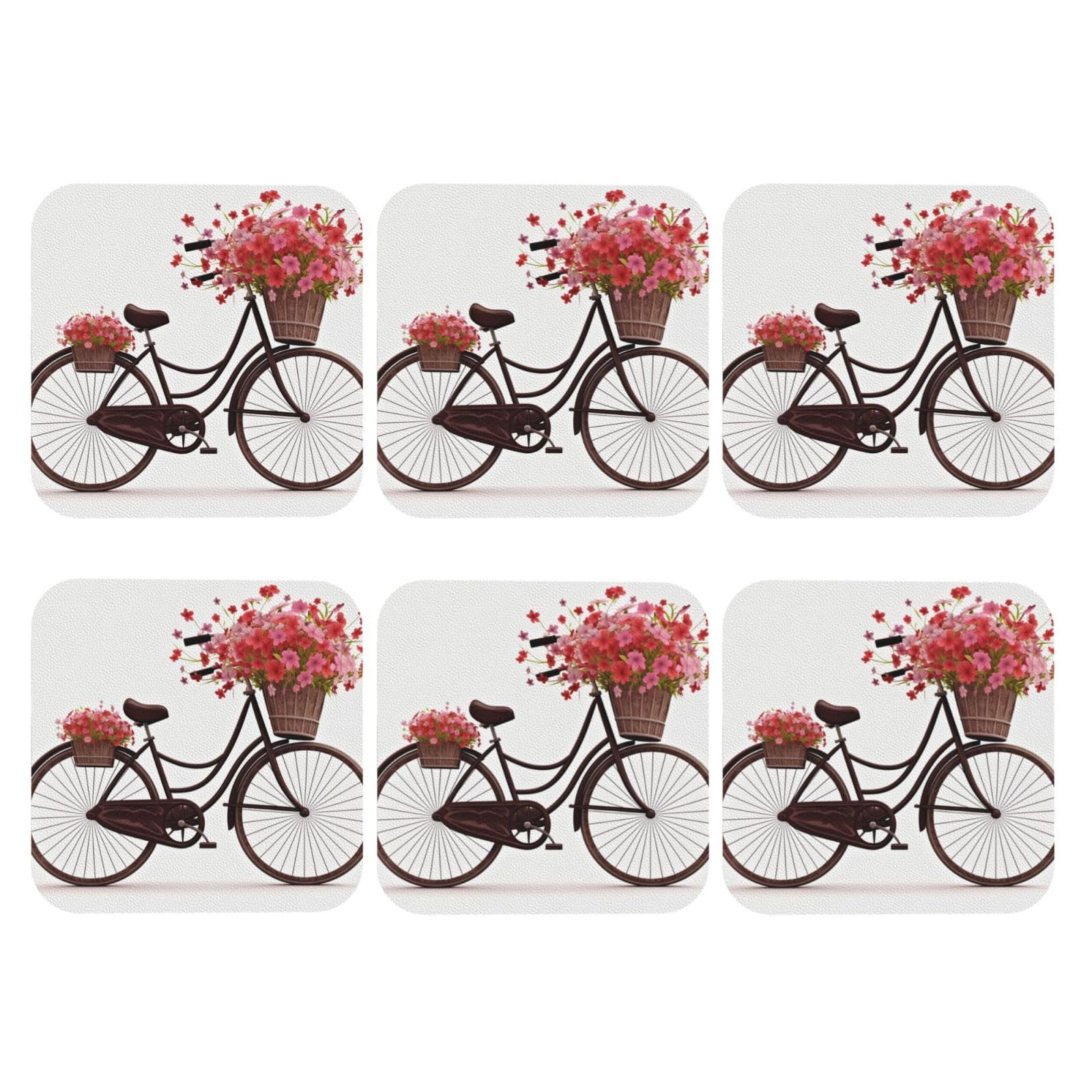 Coasters Set of 6 Leather Drink Coaster Red bicycle with flowers Coaster for Drinks Non-Slip Mugs Pads Waterproof Funny Coasters Coffee Cup Mat for Table Kitchen