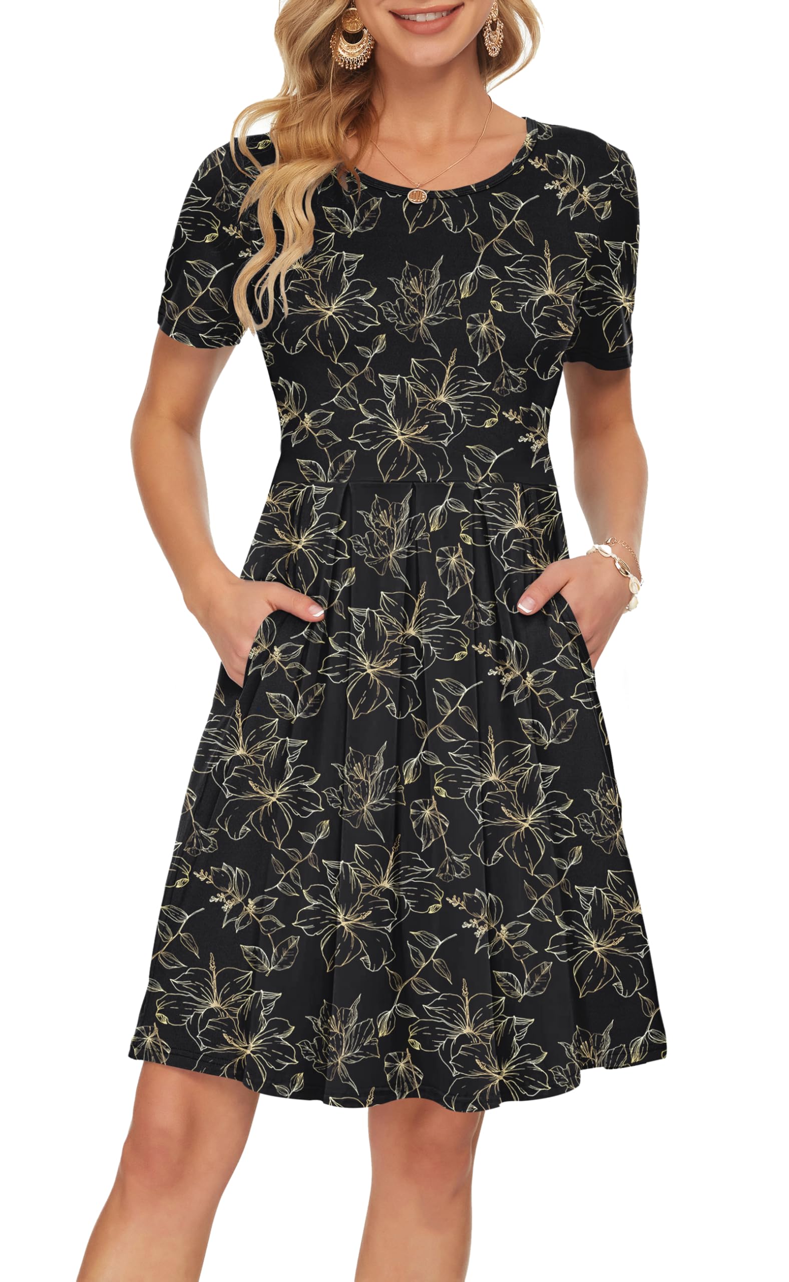 AUSELILY Women's Short Sleeve Pleated Swing Summer Dress with Pockets