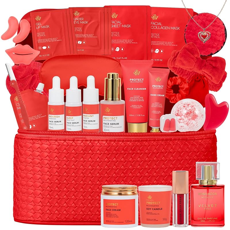 RA ROSA ACCA Conjunto de Cuidados para Pele e Banho com 33 Peças, Rosa Vermelha, Bolsa Cosmética e Acessórios
