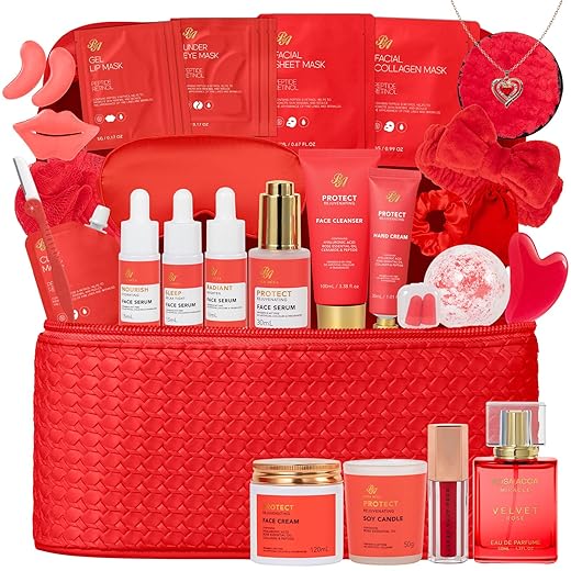 RA ROSA ACCA Conjunto De Presente Para O Dia Das Mães Com 33pç, Incluindo Kit De Banho E Corpo Com Rosas Vermelhas, Spa Em Casa, Kit De Cuidados Hidratantes Para A Pele, Cesta De Autocuidado