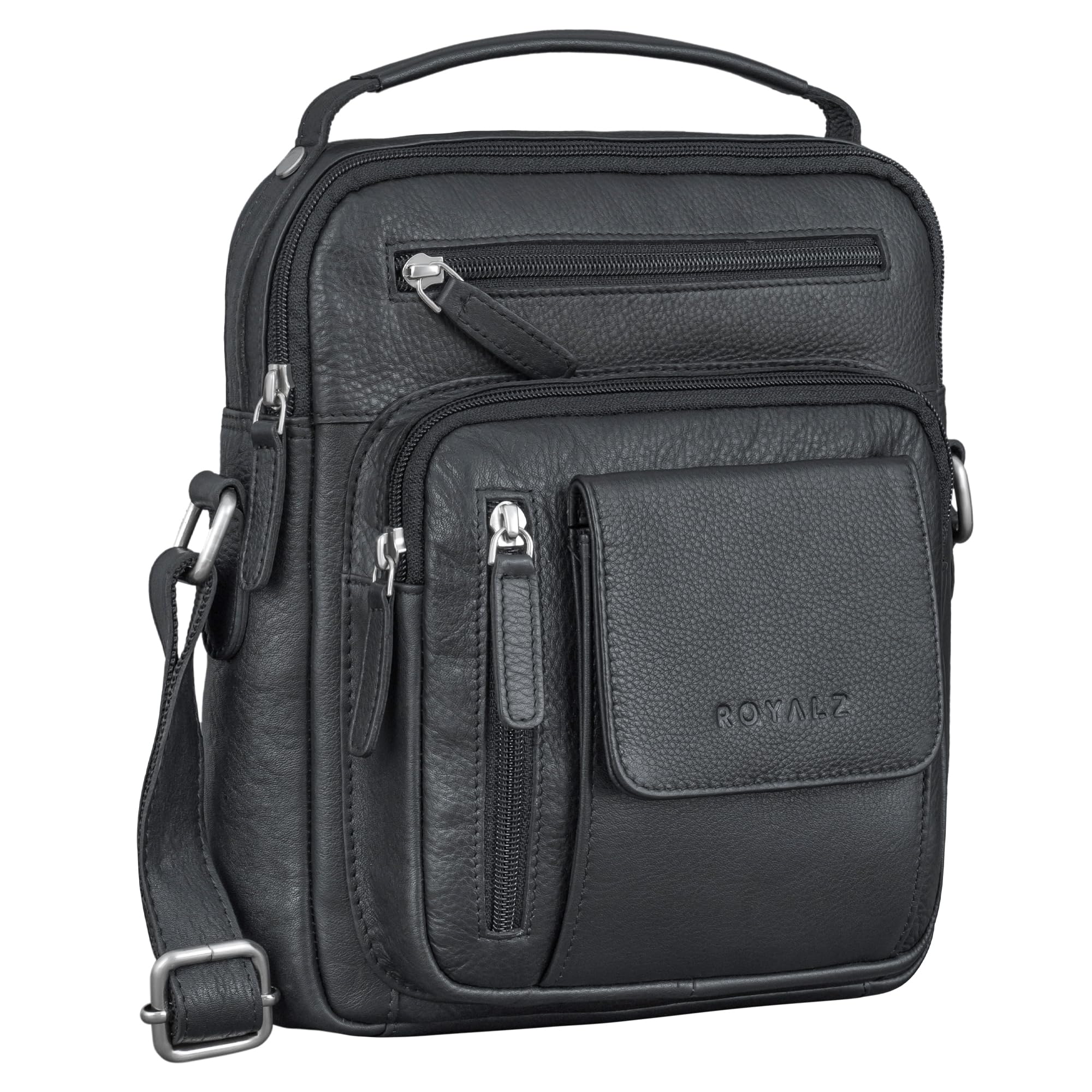 ROYALZ "Fargo kompakte Echtleder Alltagstasche für Männer - Umhängetasche Herren klein Leder im Vintage Look – kleine Ledertasche zum Umhängen 11 Zoll Tablettasche;Farbe:Schwarz
