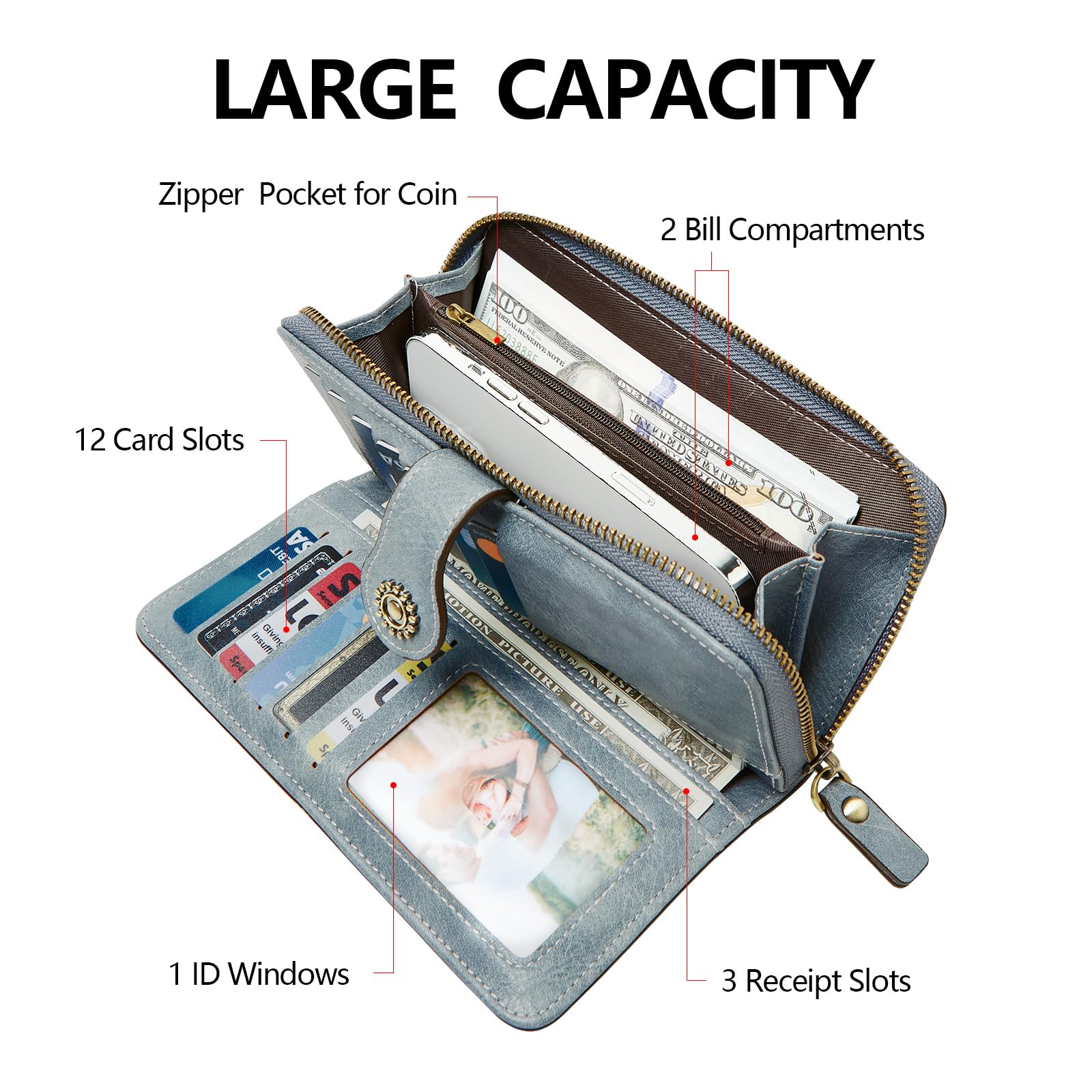 Wallet for Women RFID Blocking Leather Large Capacity Card Holder Ladies Phone Clutch Travel Long Purse Wristlet