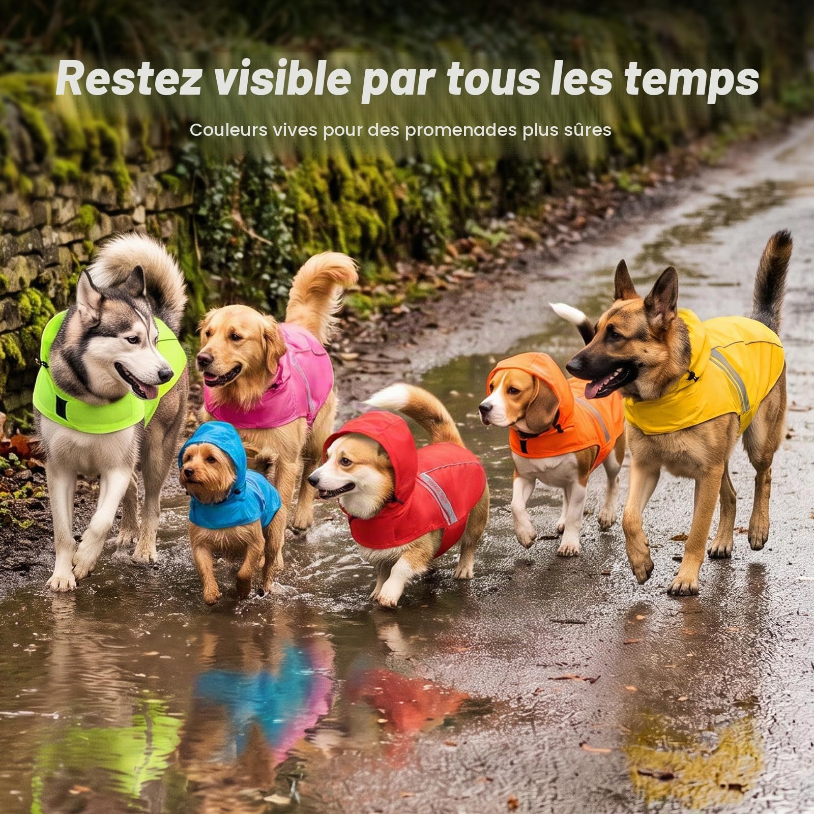VIVAGLORY Manteau de Pluie pour Chiens Moyens, vêtements de Pluie pour Animaux faciles à Enfiler et à enlever, Gilet de sécurité réfléchissant léger et Respirant pour Chiens, Rouge
