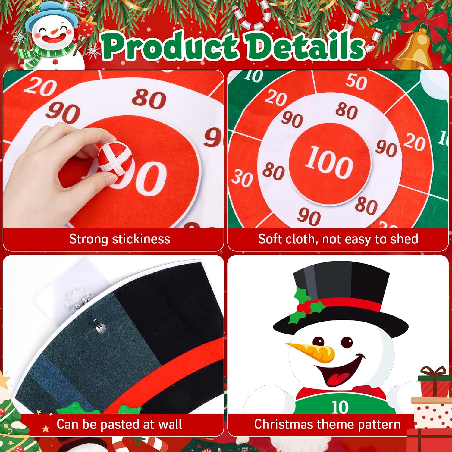 DERAYEE Christmas Party Dart Board Game for Kids, 30 Inches Large Christmas Snowman Dart Board Toys with 12 Sticky Balls Hook for Boys Girls Xmas Holiday Indoor Outdoor Party Favors Gifts image 4
