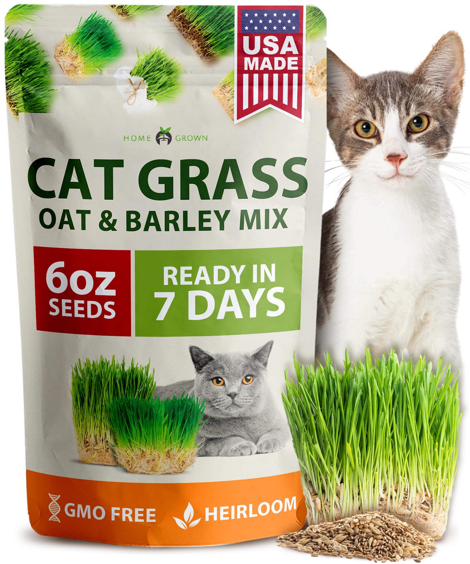 HOME GROWN Cat Grass Seeds 6 oz Heirloom Barley &amp; Oat Mix