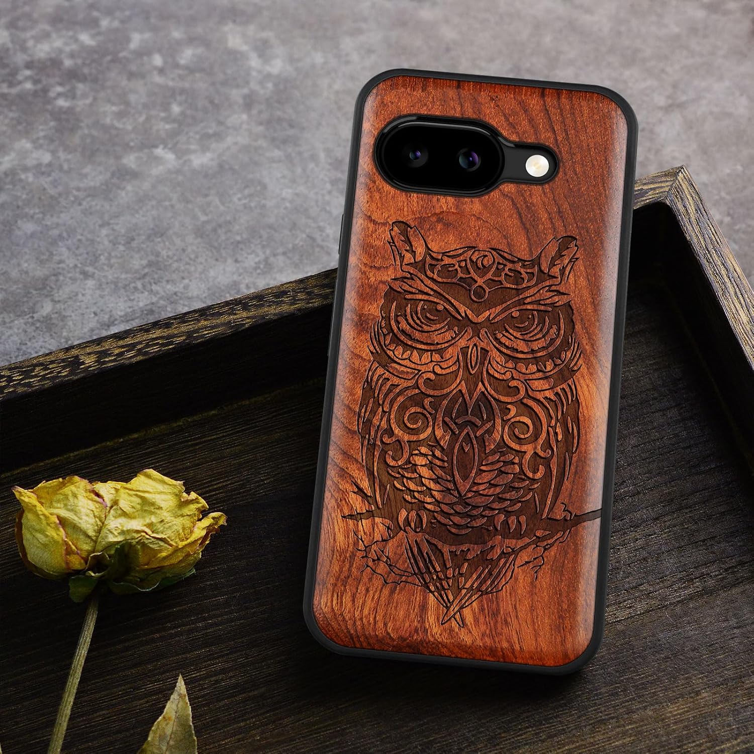 Carveit Magnetic Wooden Case for Google Pixel 9a Case, Wood Artisan Engraved & Soft TPU Shockproof Cover, Compatible with MagSafe Wireless Chargers (Owl Perched on Branch) Rosy