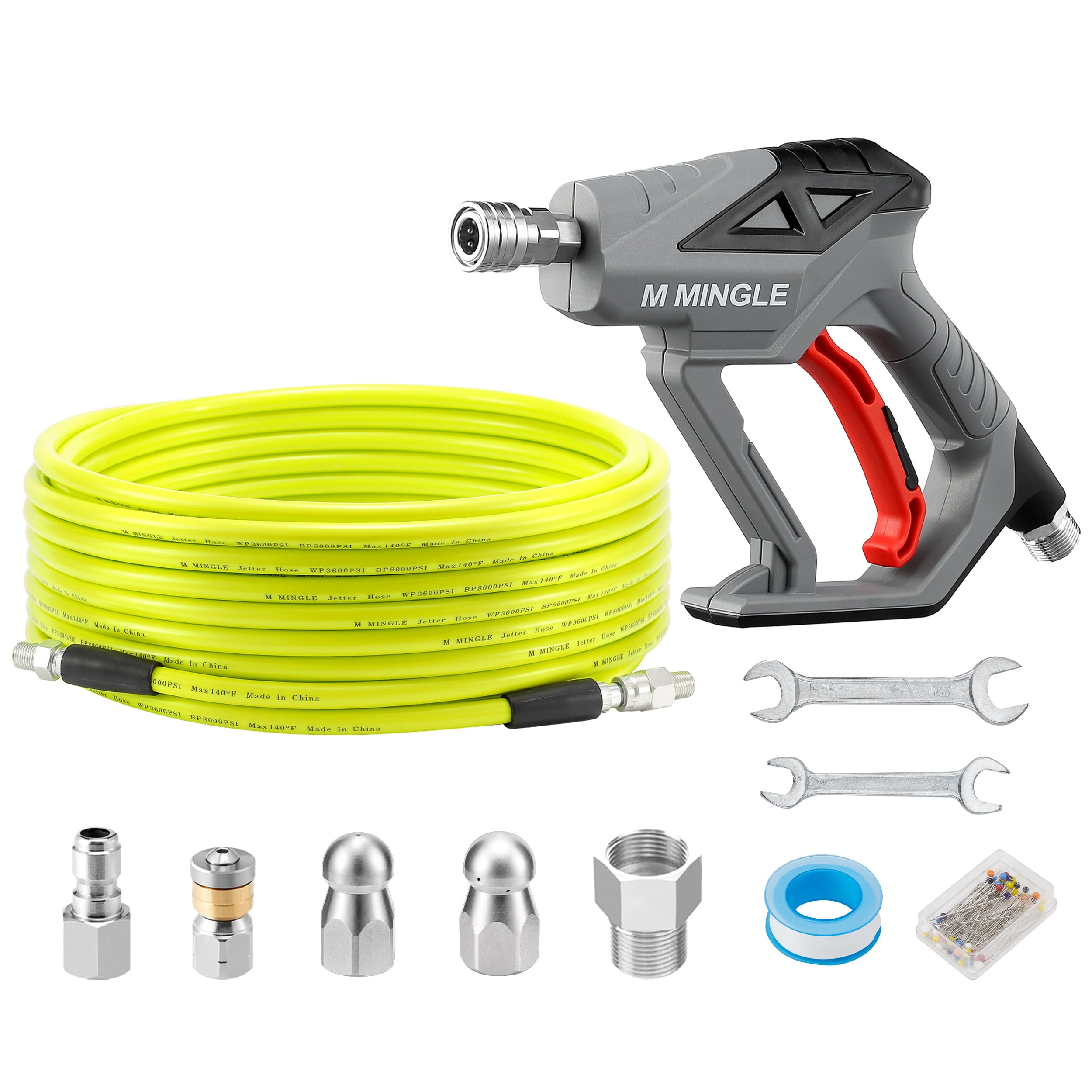 M MINGLE Kit de Jet d'Égout pour Nettoyeur Haute Pression 15M, Tuyau de Nettoyage de Canalisation avec Pistolet de Nettoyeur Haute Pression, 1/4" NPT, 3 Buses d'Égout, Orifices 4,0 et 4,5