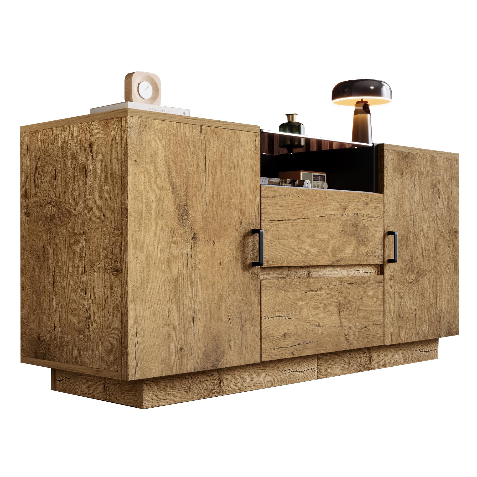 Eichenoptik Kommode Sideboard mit 2 Schubladen + 2 Schränken (innen höhenverstellbar) & offenem Fach - ESG-Glas & Schwarze Griffe, H70/B140/T40 cm Möbel: Schränke im Hauptwohnraum AB20052627A
