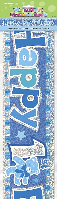 Unique Party 10850 1st Birthday Prismatic Banner | Blue | 1 Pc. Happy Banner-12 ft Foil