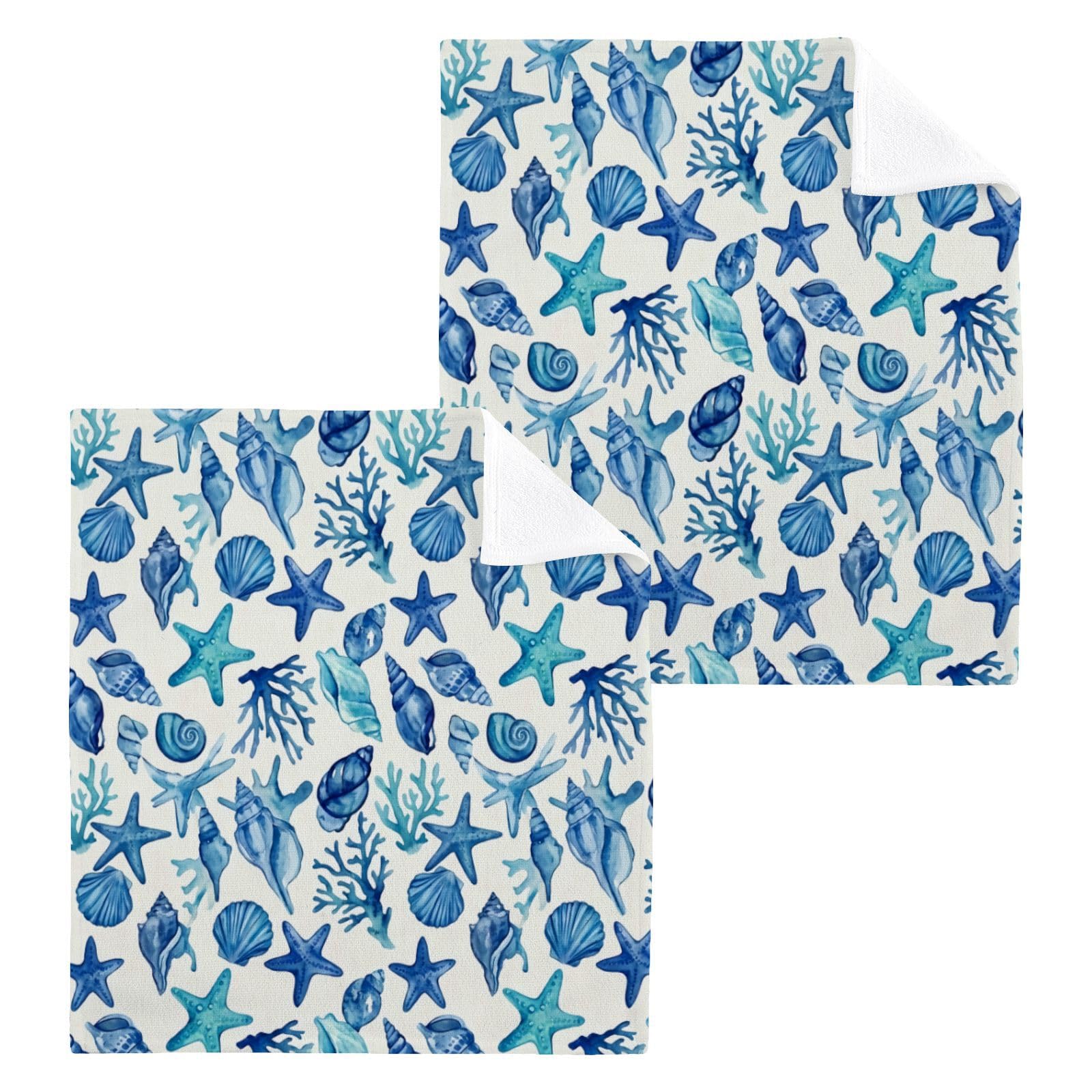 BOESI Blue Monochrome Seashell 12x12in Cotton Washcloth,Face Towel