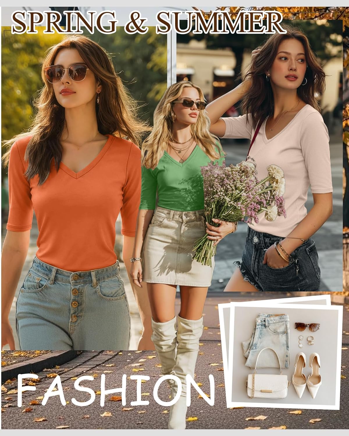 Ficerd 3 Pack Women's Half Sleeve V Neck T Shirts, Mid Elbow Length Sleeve Shirt Slim Fit Tunic Top Casual Summer Tee - Image 3