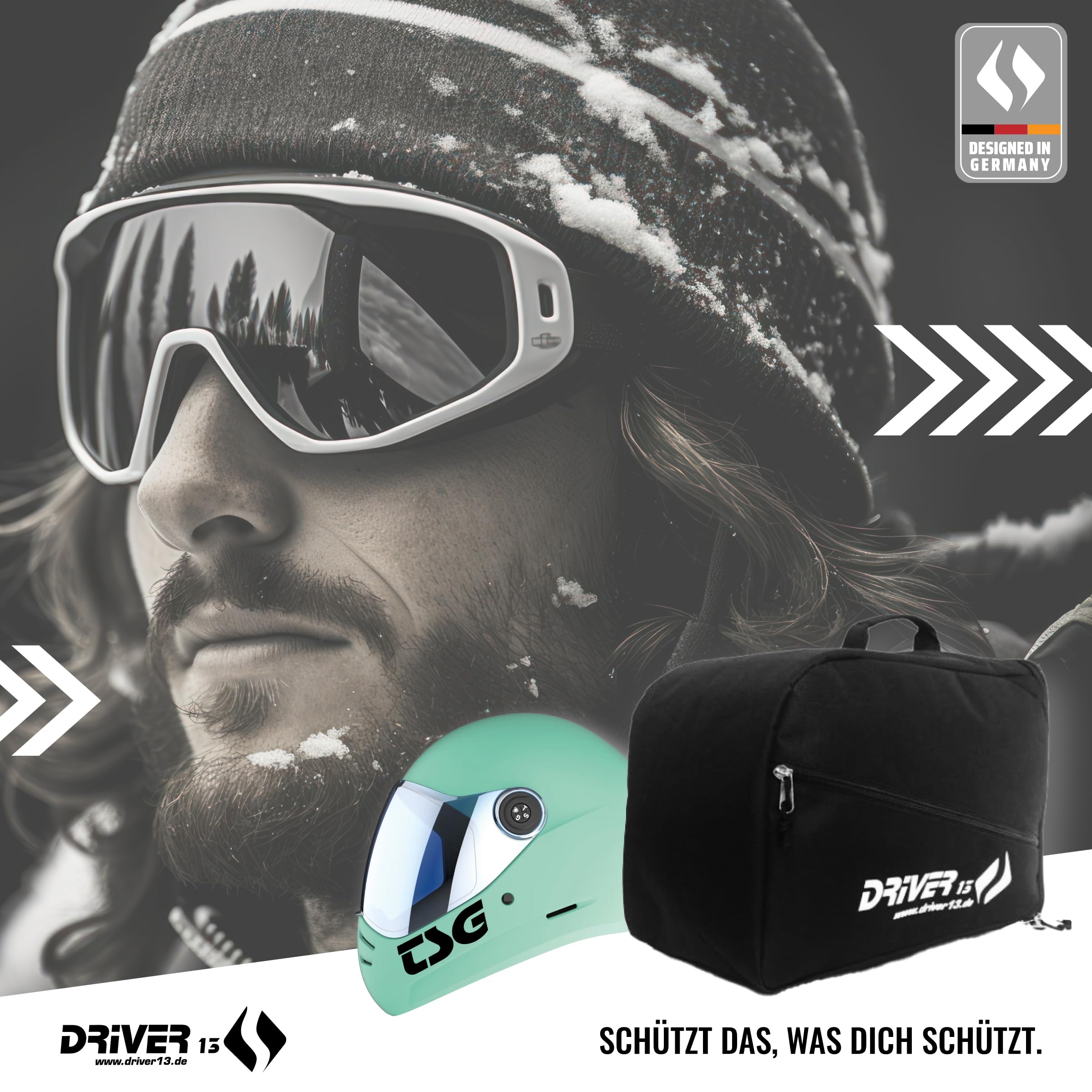 Driver13 borsa casco per casco da sci e casco da motocross, helmet bag imbottita con ventilazione e tasca accessori, nero