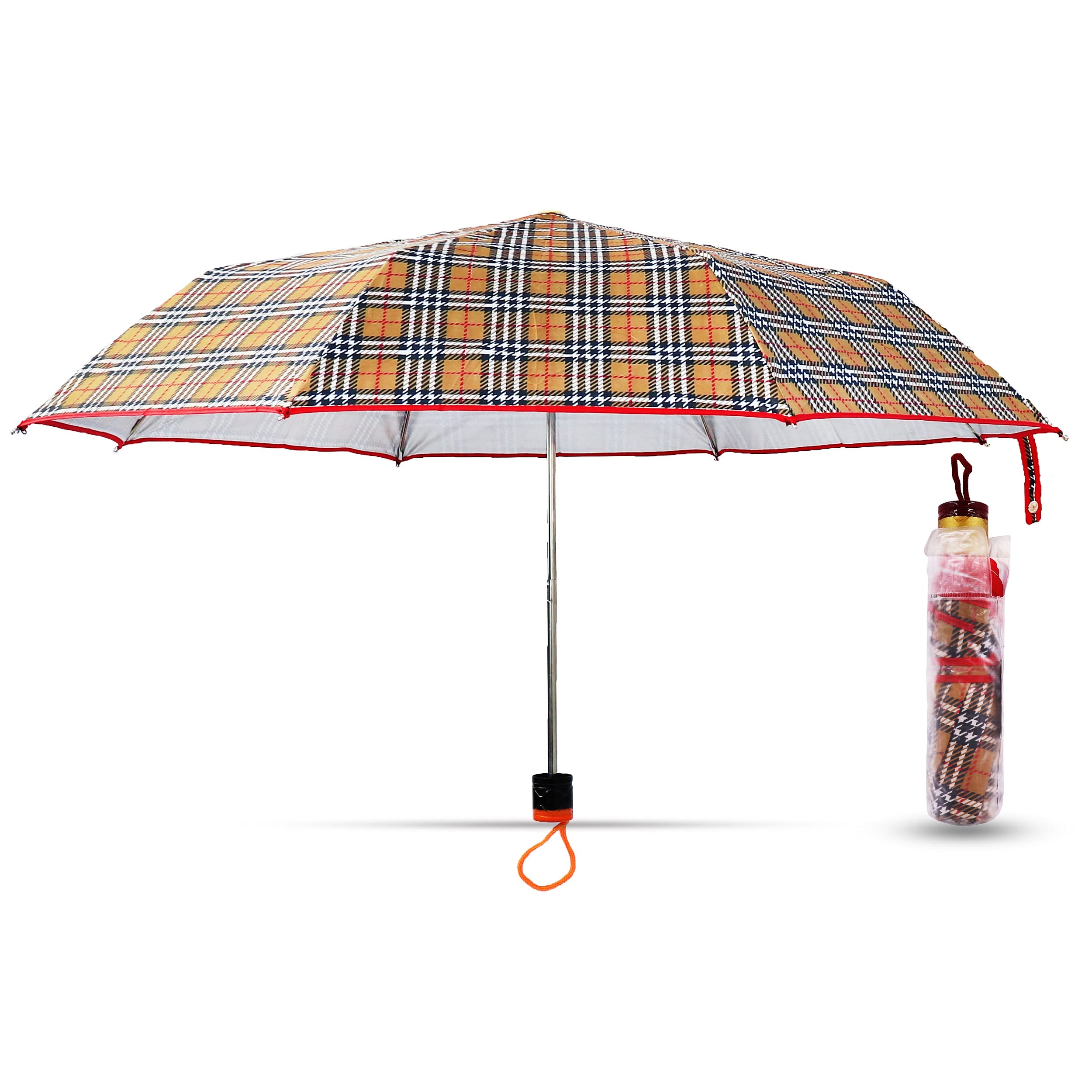 Check Umbrella With 3 Fold Double Layer For Men And Women | Check Design On Canopy | Umbrellas For Boys And Girls With Transperent Pouch | 8ribs, D-112cm, L-96cm, H-58cm |-image-26