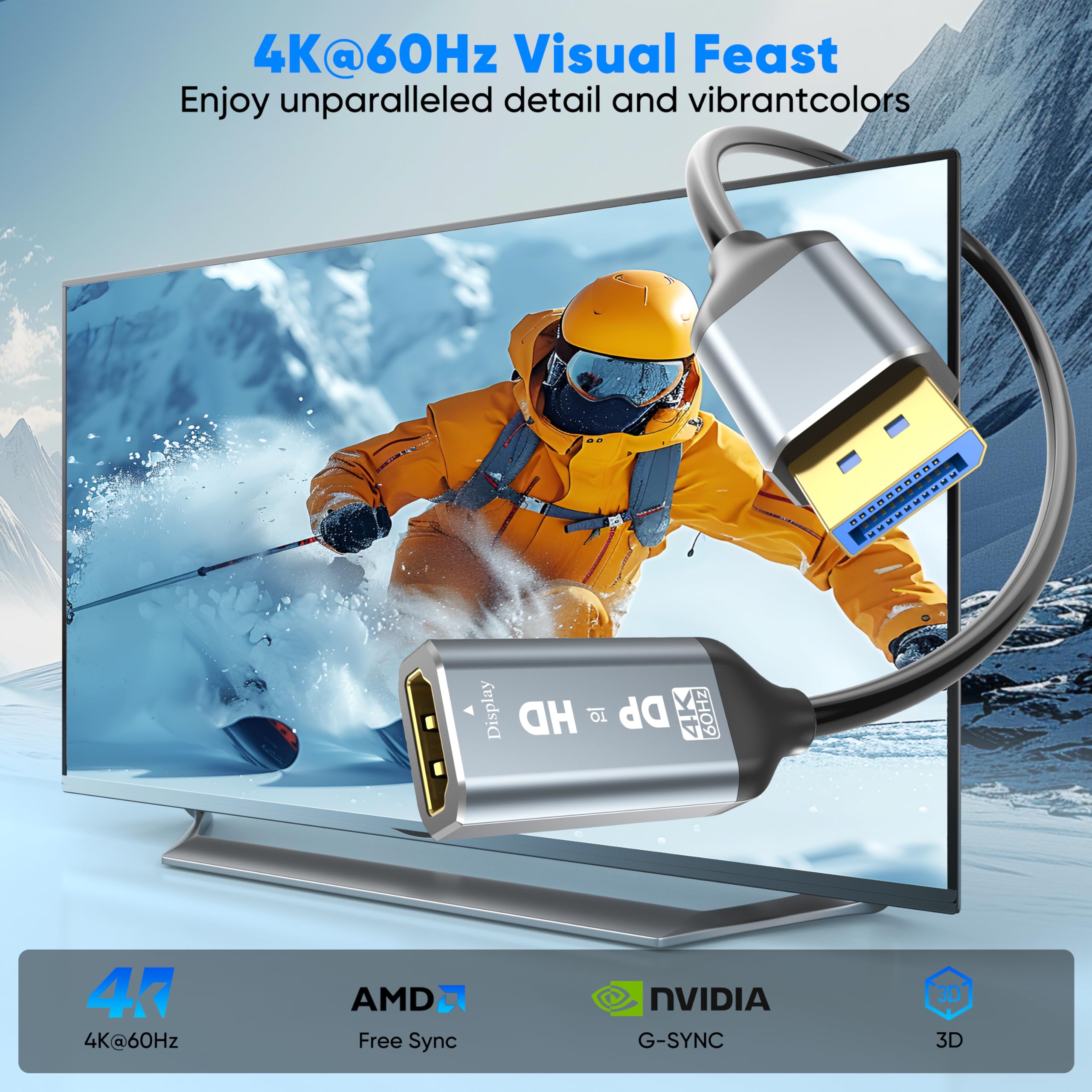 Adapter DisplayPort na HDMI 4K, 2 sztuki, jednokierunkowy adapter DP 1.2 na HDMI, konwerter portu wyświetlacza (źródło) na HDMI (ekran) do komputera stacjonarnego, monitora HDTV, kompatybilny z AMD