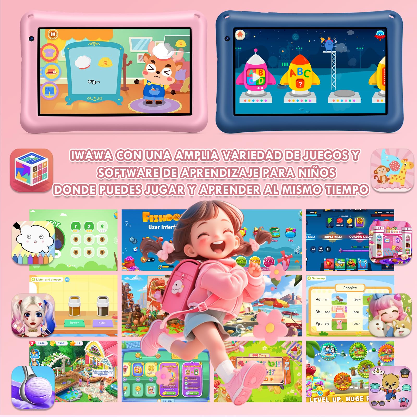 Tablet para Niños 7 Pulgadas,Android Tablet,8GB RAM 64GB ROM (mpliable 256 GB), Control Parental, WiFi, Bluetooth, Kids Tablette Tactile Éducative Avec Kid-Proof Étui-Rosa — view 5