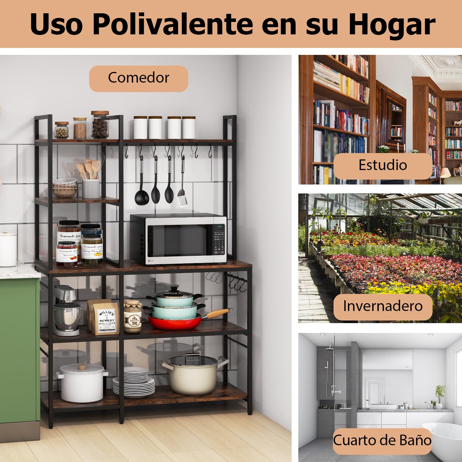 GOPLUS Estantería de Cocina con 5 Estantes y 10 Ganchos, Estante Ahorrador de Espacio para Microondas, Estante Multiusos para Panadería con 6 Patas Regulables, Estilo Industrial, 107 x 37 x 160 cm