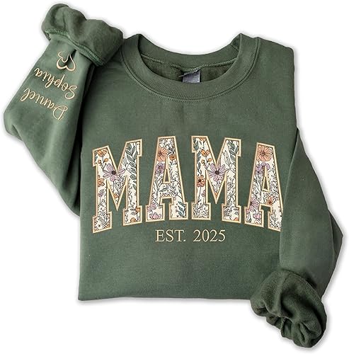 UrbanNEST Sudadera Personalizada con Apliques Bordados Florales Mama para Mujeres, Regalos Personalizados de Mama de los Nietos, Suéter de Mamá,