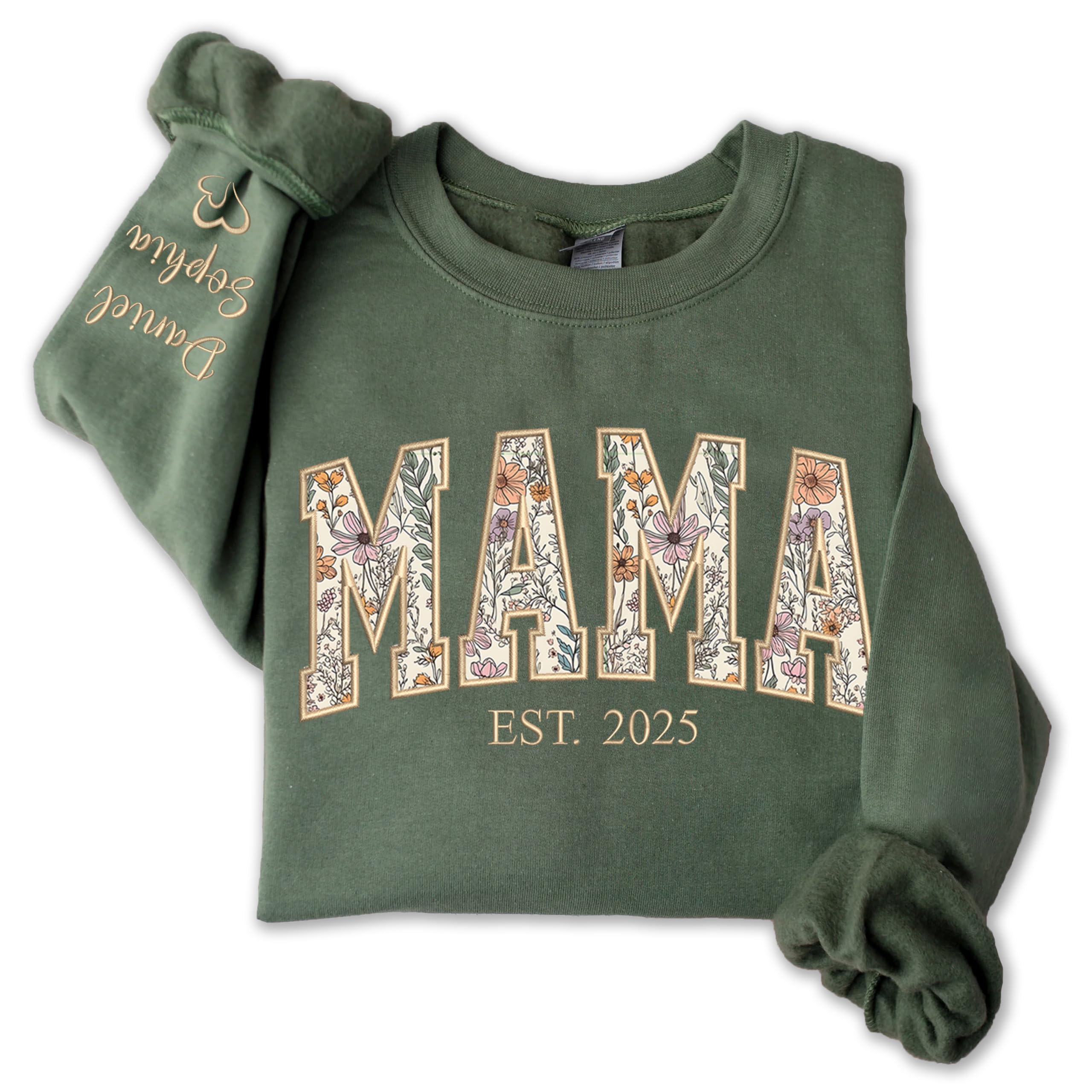 UrbanNEST Personalized Floral Embroidered Applique Mama Sweatshirt For Women Custom Mama Gifts from Grandkids Mom Sweater Mom Crewneck