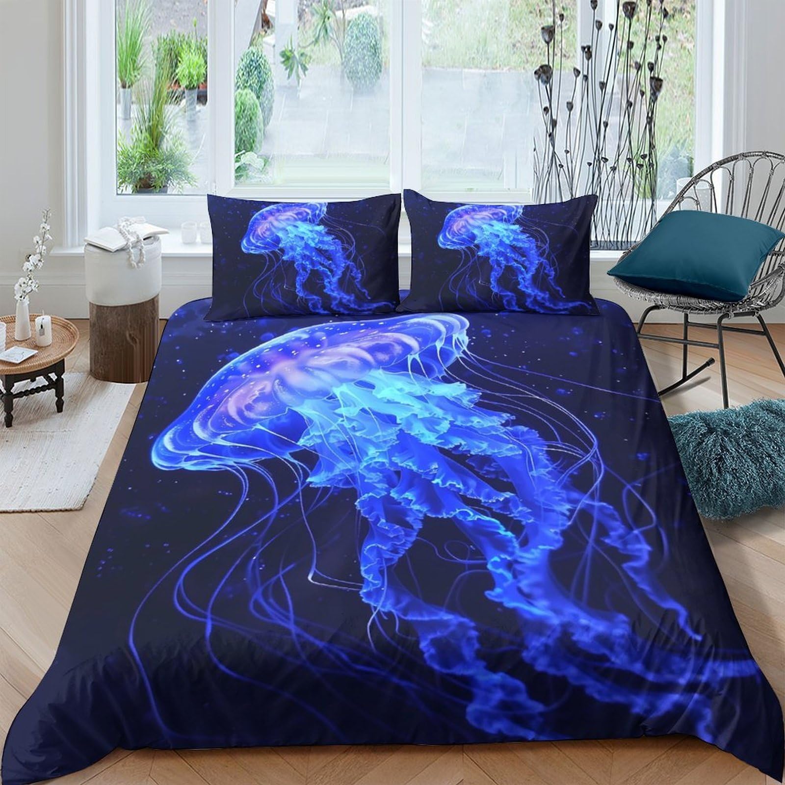 GPLZQXKJNH 3D Printed Blue Jellyfish Duvet Cover Microfiber Bedding Set with 2 Pillowcases for Bedroom Decor Ocean Pattern Single（135x200cm）