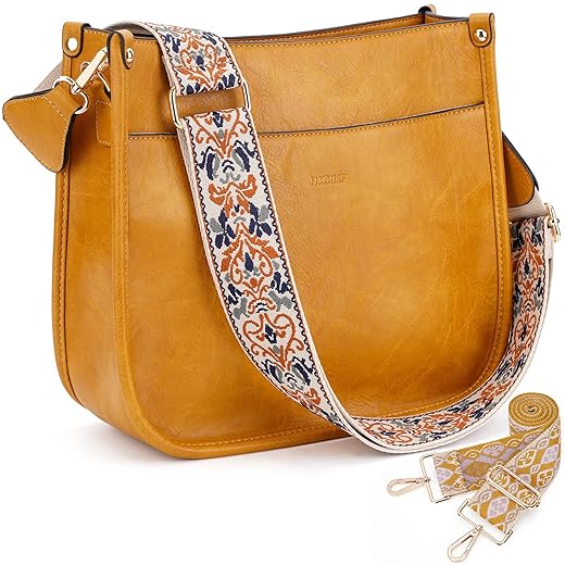 HKCLUF Crossbody Bags for Women Trendy,Vegan Leather Hobo Handbags With 2PCS Adjustable Guitar Strap Shoulder Bucket Bags Purse For Women(deepyellow)