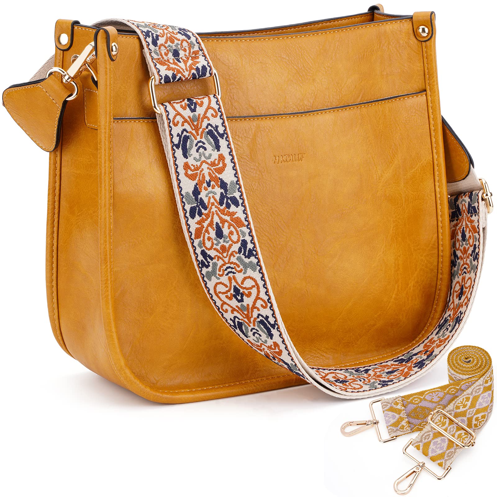HKCLUFCrossbody Bags for Women Trendy Vegan Leather Hobo Handbags With 2PCS Adjustable Guitar Strap Shoulder Bucket Bags