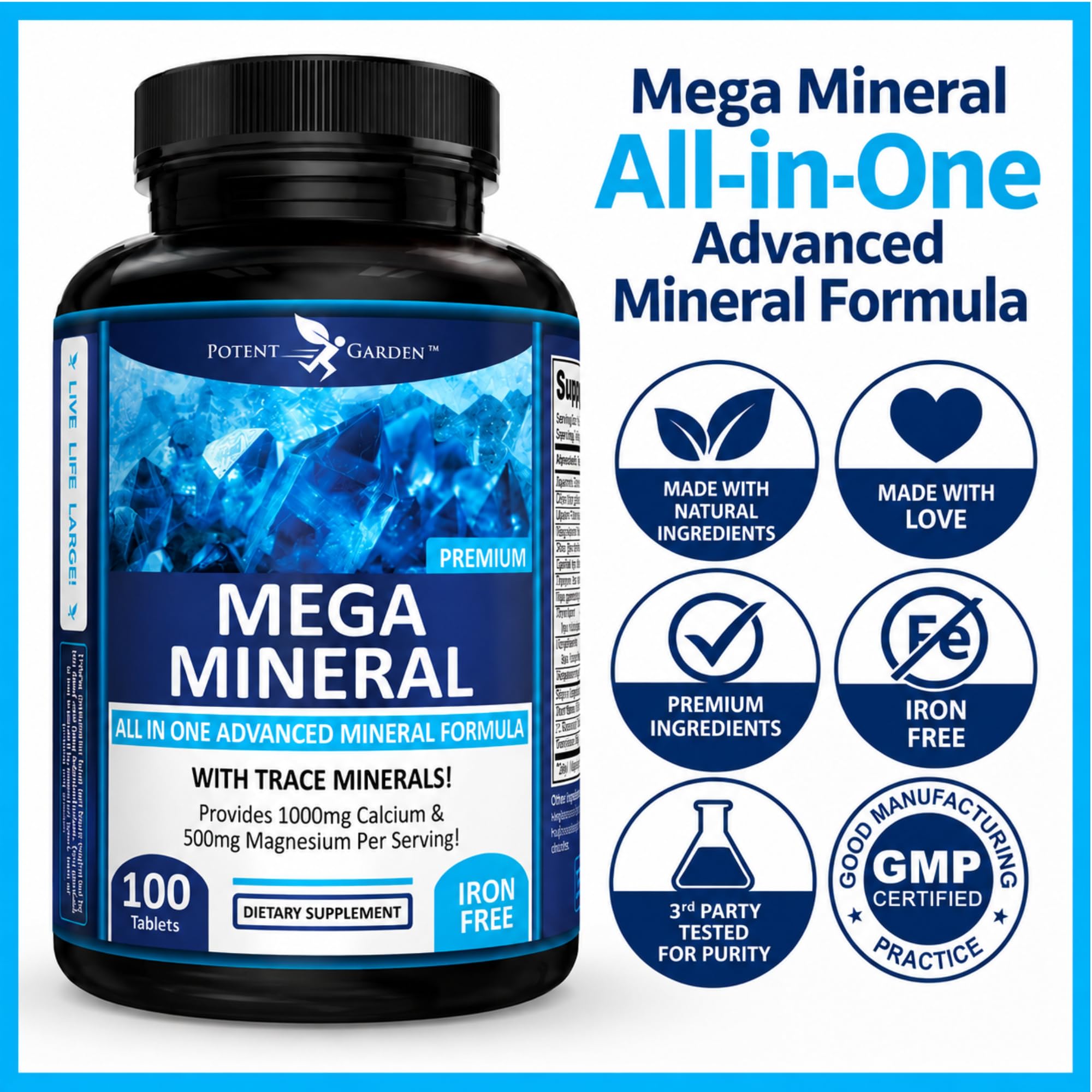 Potent Garden Mega Mineral Supplement Complete Mineral Complex with Calcium Magnesium Zinc Potassium Boron Selenium Chromium & 72 Trace Minerals Iron Free Calcium Supplement -100 Pills — Amazon image 8