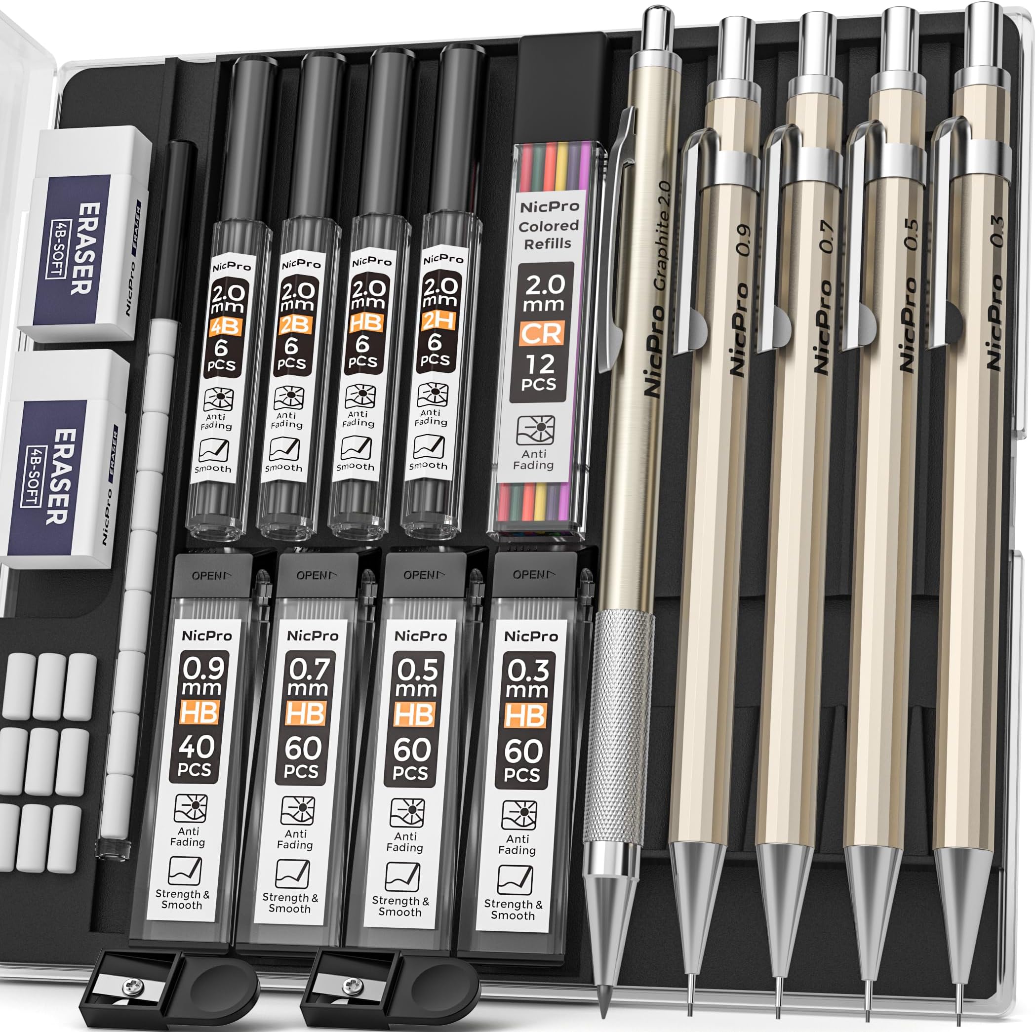 – Nicpro 5 PCS Art Mechanical Pencils Set, Metal Drafting Pencil 0.3 & 0.5 & 0.7 & 0.9 & 2mm Graphite Lead Holder(4B 2B HB 2H Colored) for Sketching Drawing With Lead Refills Eraser Case