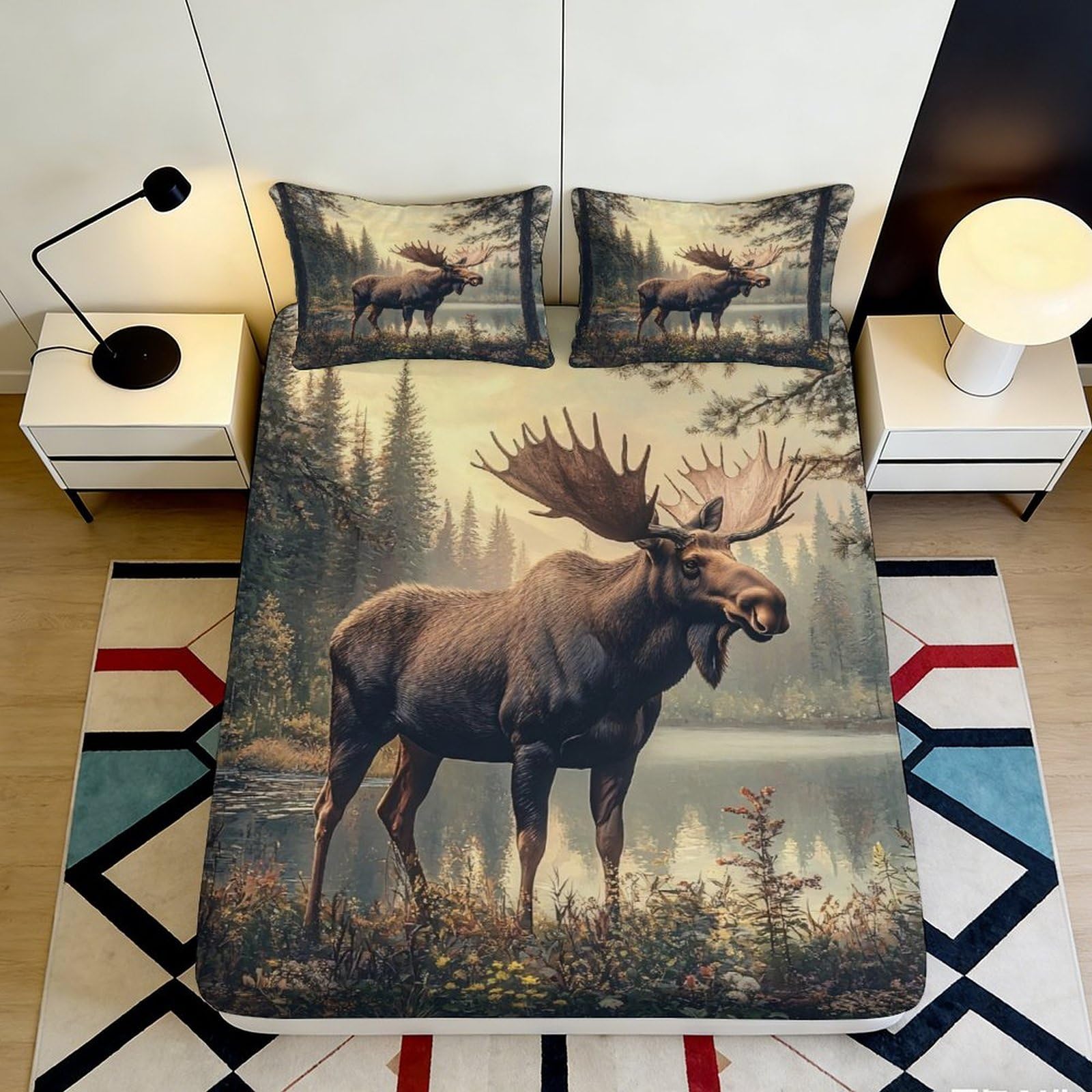3D Printed Forest Moose Fitted Sheet Microfiber Soft Non-Slip Bed Cover for Bedroom Guest Room Dorm Decor 90x200x25cm