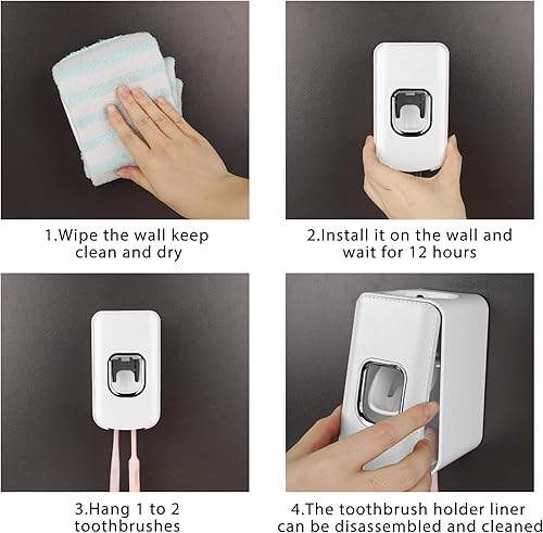 Miniatura 10 de Soporte para cepillos de dientes con 2 ranuras y dispensador de pasta de dientes montado en la pared, exprimidor automático de pasta de dientes, 2