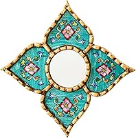 Peruvian Artisan Turquoise Wall Mirror - Handmade Reverse-Painted Glass Small Diamond/Square Bronze Leaf Frame by DecorContreras