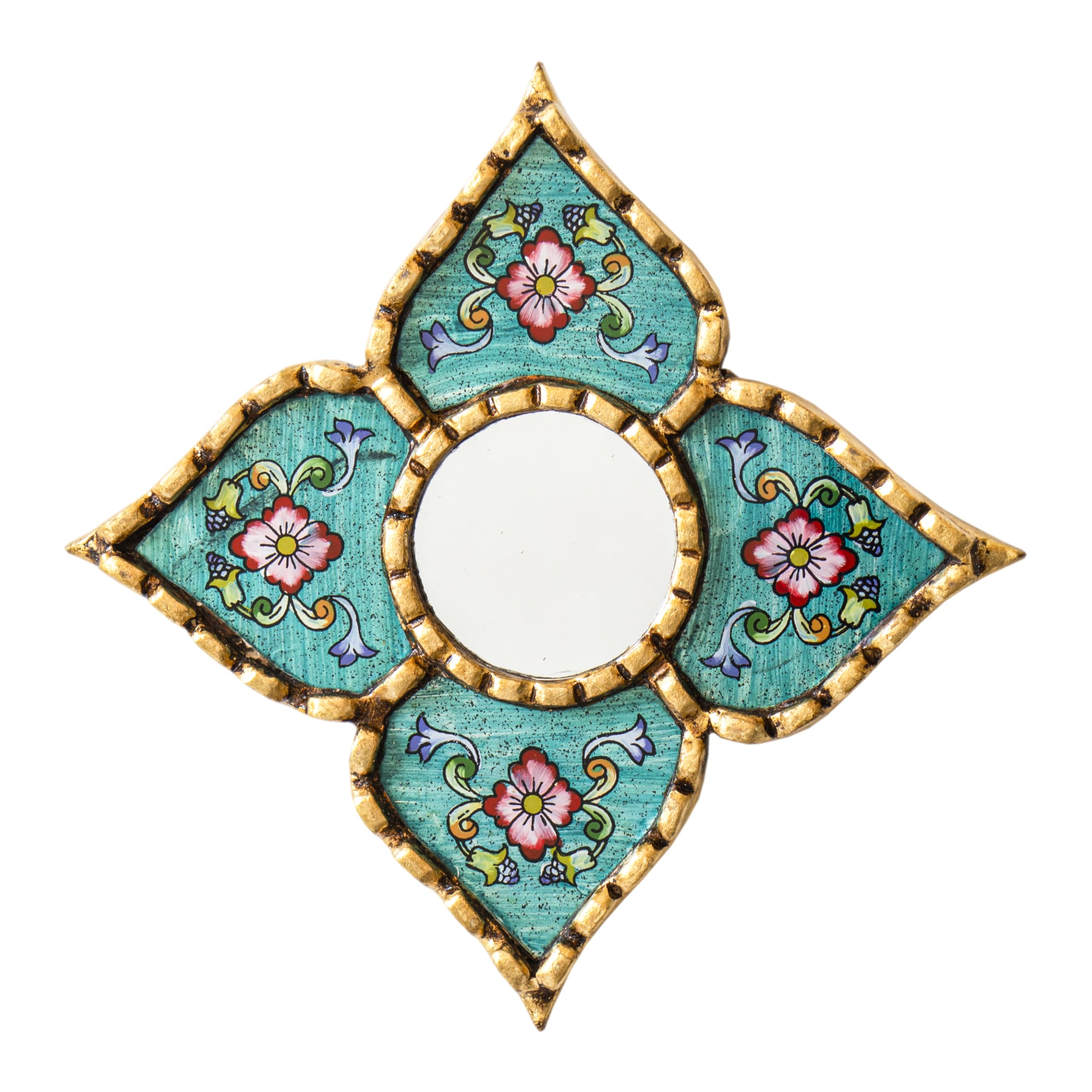 Peruvian Artisan Mirror for Wall Decor– Small Diamond/Square Wall Mirror with Bronze Leaf Frame (Turquoise)