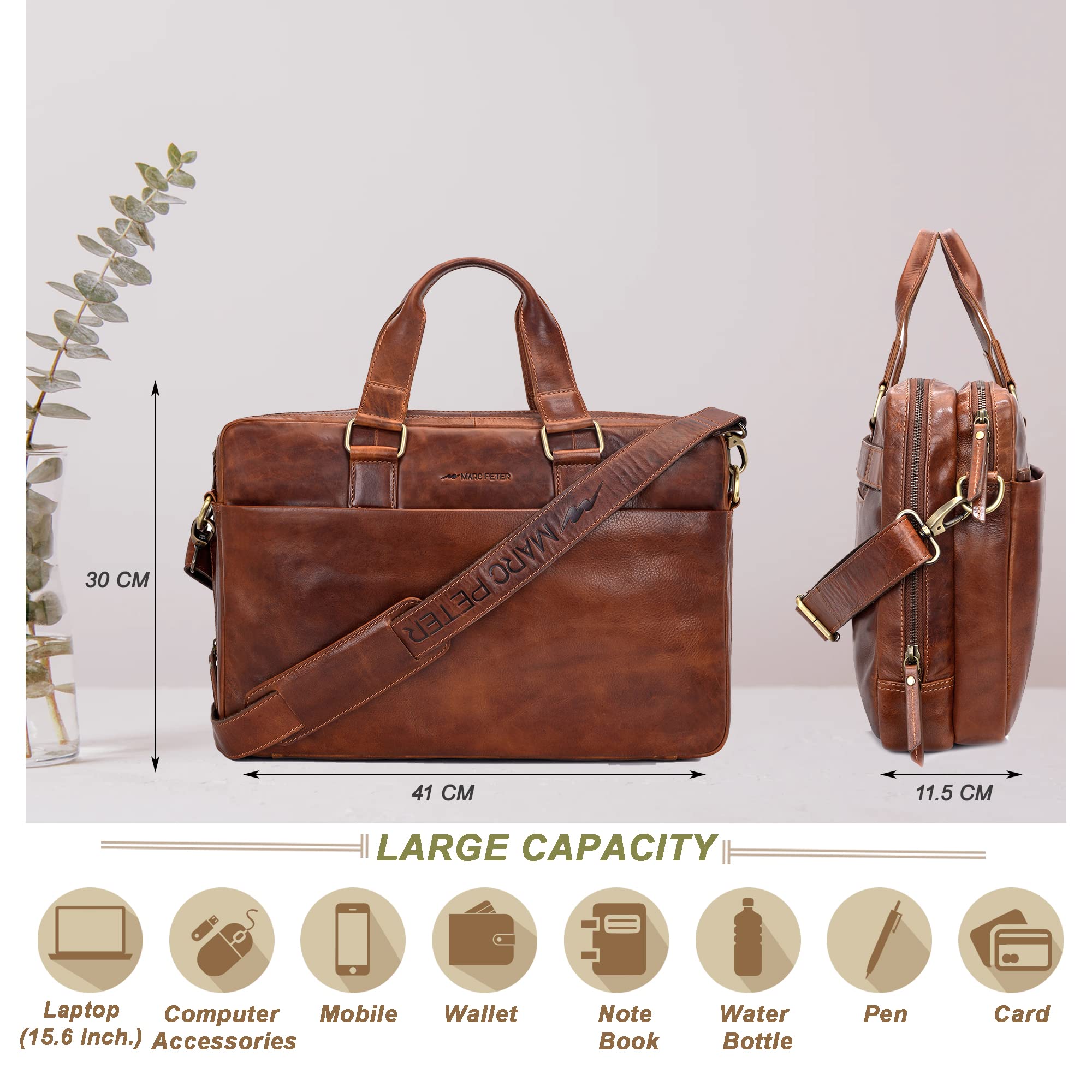 Marc Peter® Sydney Lehrertasche Herren Leder Aktentasche Laptoptasche Bürotasche Businesstasche groß XXL Umhängetasche Bräun
