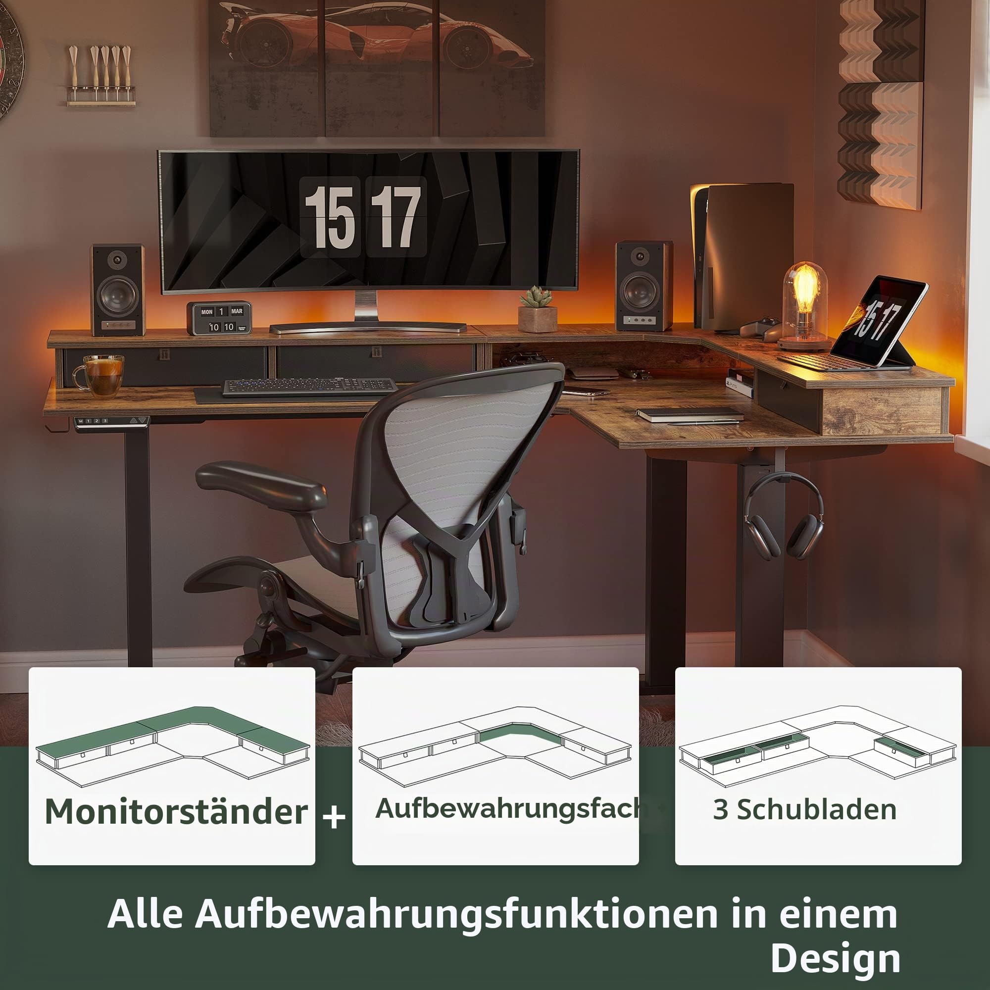 FEZIBO DREI Motoren Schreibtisch Höhenverstellbar Elektrisch mit 3 obere Schublade, L Form Stehpult, Links und rechts austauschbar, 160 x 120 cm eckschreibtisch, Schwarz Rahmen/Braun Tischplatte