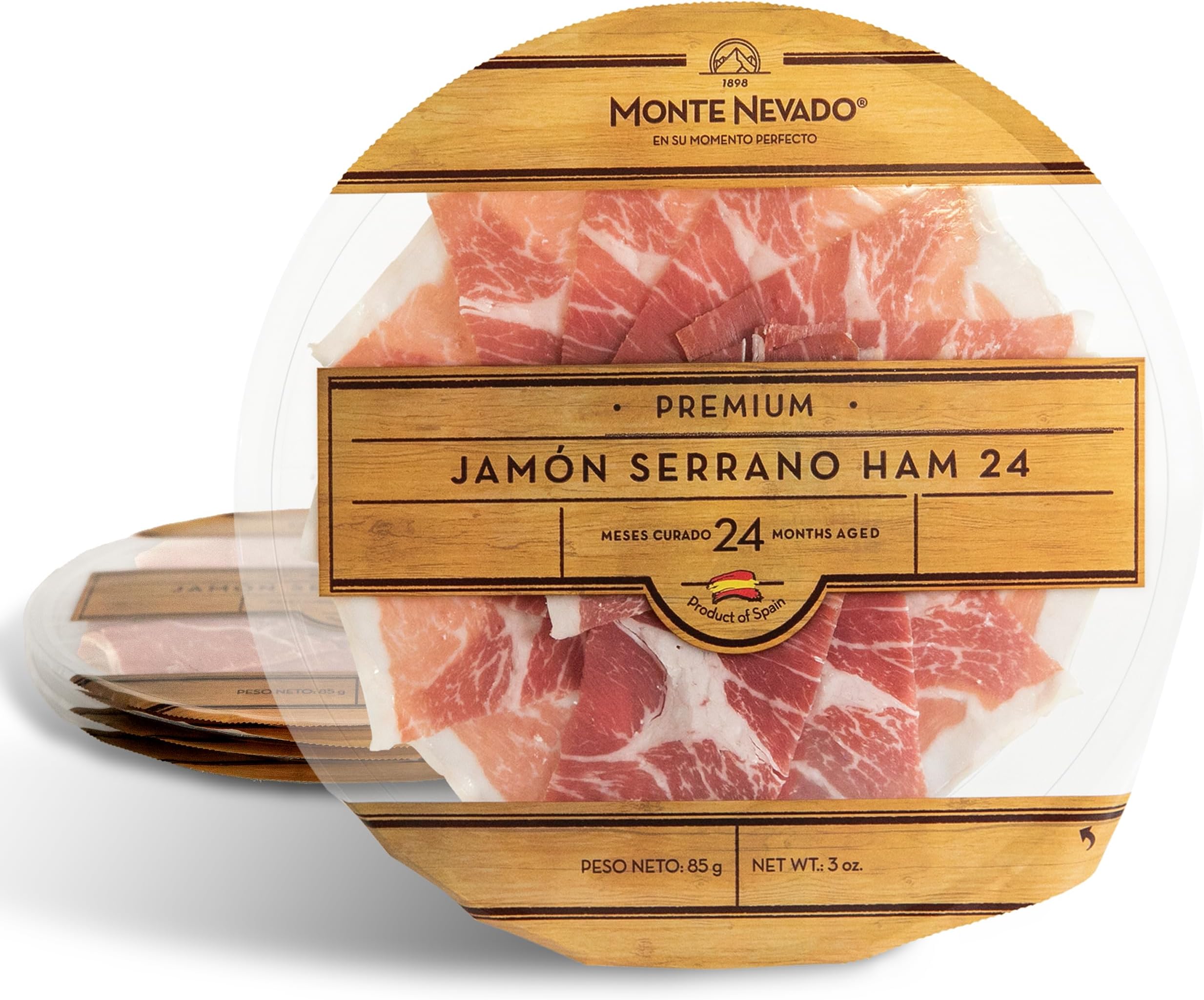 Monte Nevado Serrano Sliced Ham - 3 oz Each, Pack of 8 Plates - 24 Months Avg Curing Time - Authentic Spanish Jamon Serrano - Ready to Eat, Great Gift or Special Occasion Tapas Snack