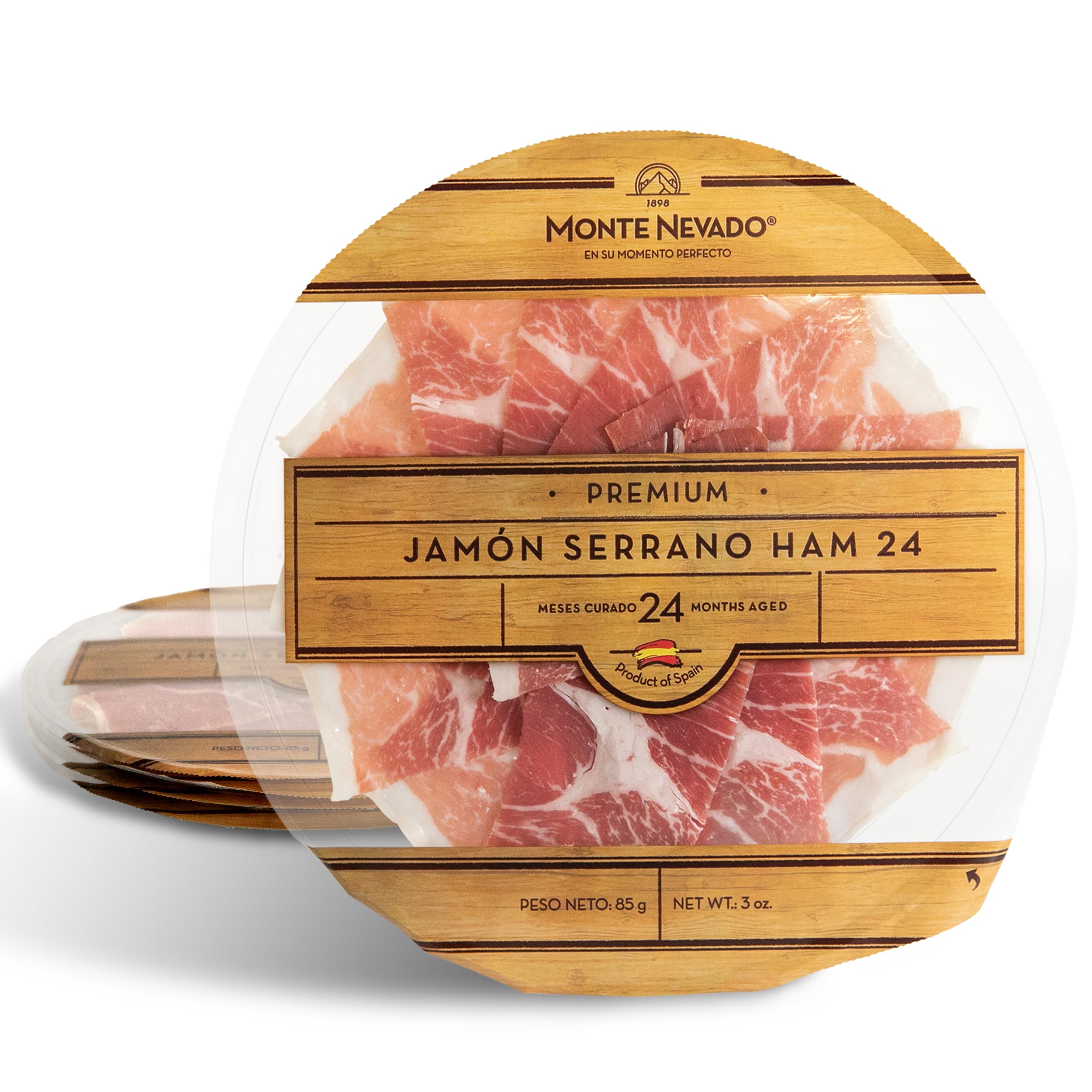 Monte Nevado Serrano Sliced Ham - 3 oz Each, Pack of 8 Plates - 24 Months Avg Curing Time - Authentic Spanish Jamon Serrano - Ready to Eat, Great Gift or Special Occasion Tapas Snack