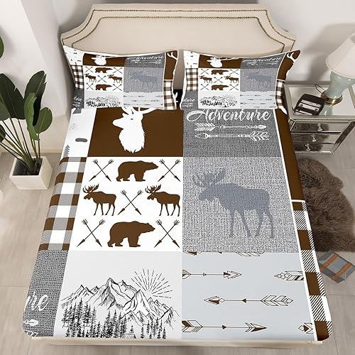 Sábana bajera ajustable para campamento para niños, ropa de cama de caza de ciervos, juegos de ropa de cama rústica de cabaña de cabaña, color
