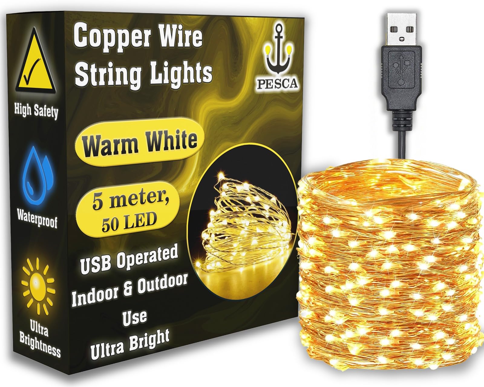 PESCA Copper String Led Light 5 Meter 50 Led Usb Powered Wire Decorative Fairy Lights-Warm White (Pack Of 1),5 meters (B08M8W6GCH) Amazon Price History, Amazon Price Tracker