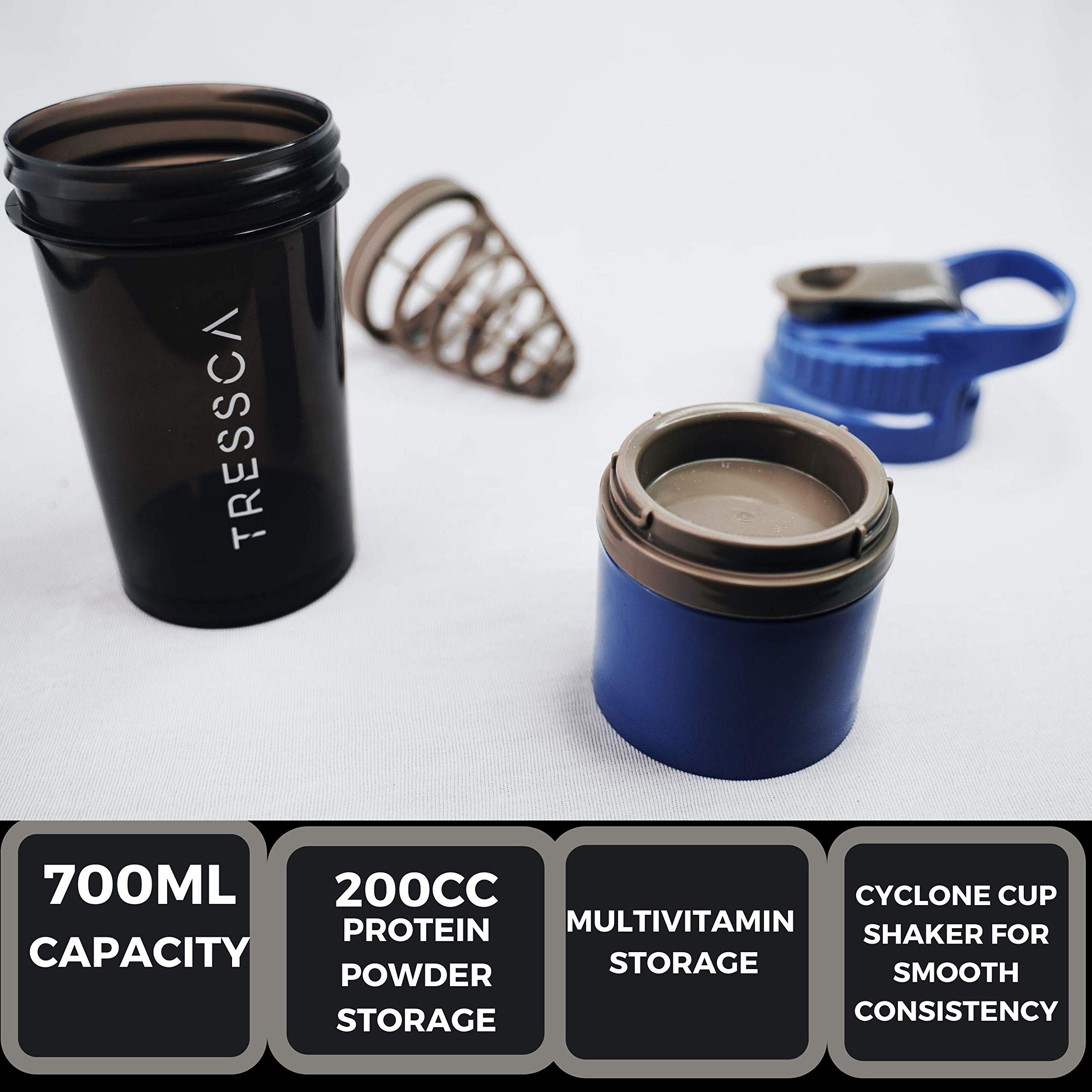Shaker de protéines en plastique anti-fuite, sans BPA, zéro odeur et résistant aux chocs avec plusieurs compartiments de rangement (bleu marine)